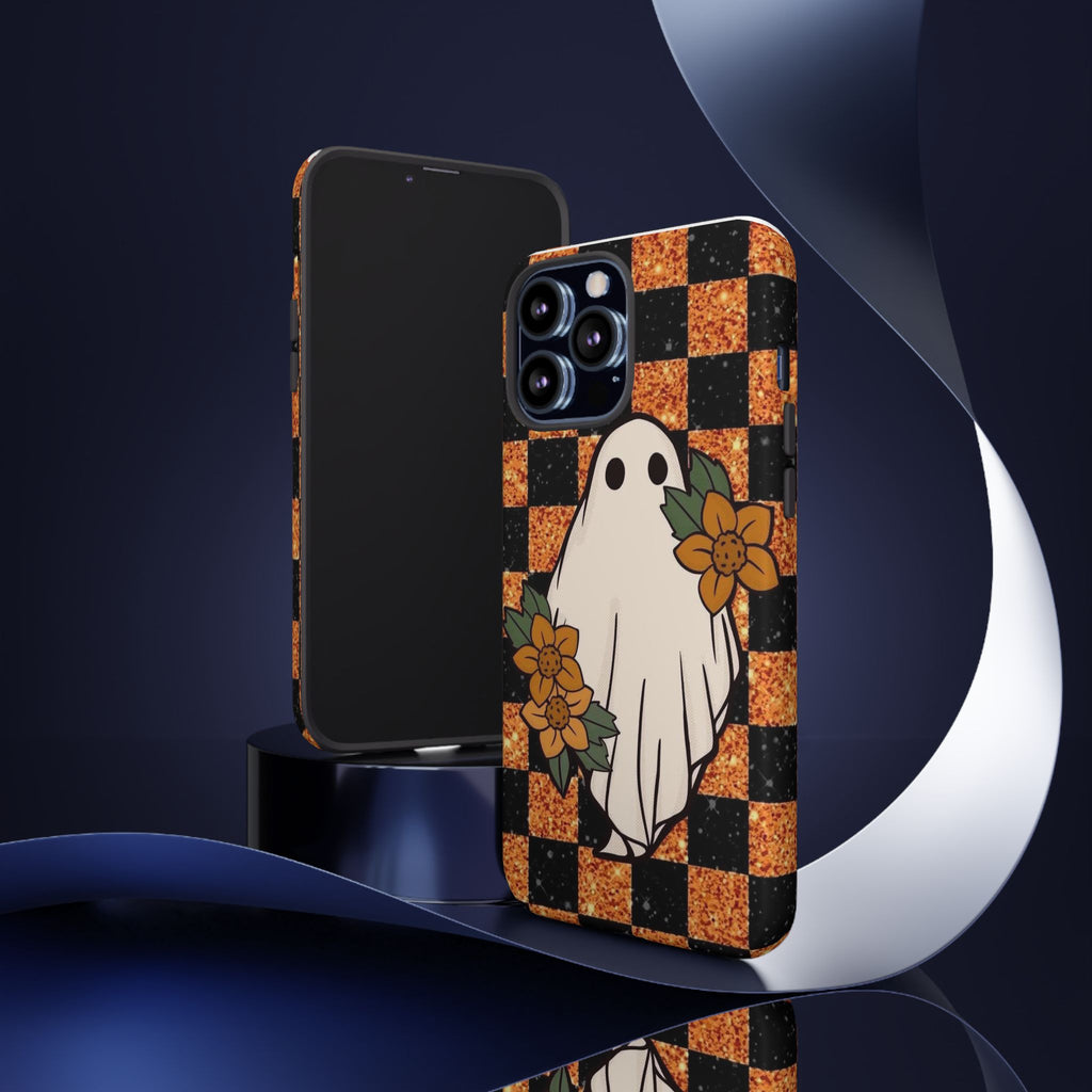 Halloween Ghost Phone Case — Checkerboard Orange Glitter Floral Design