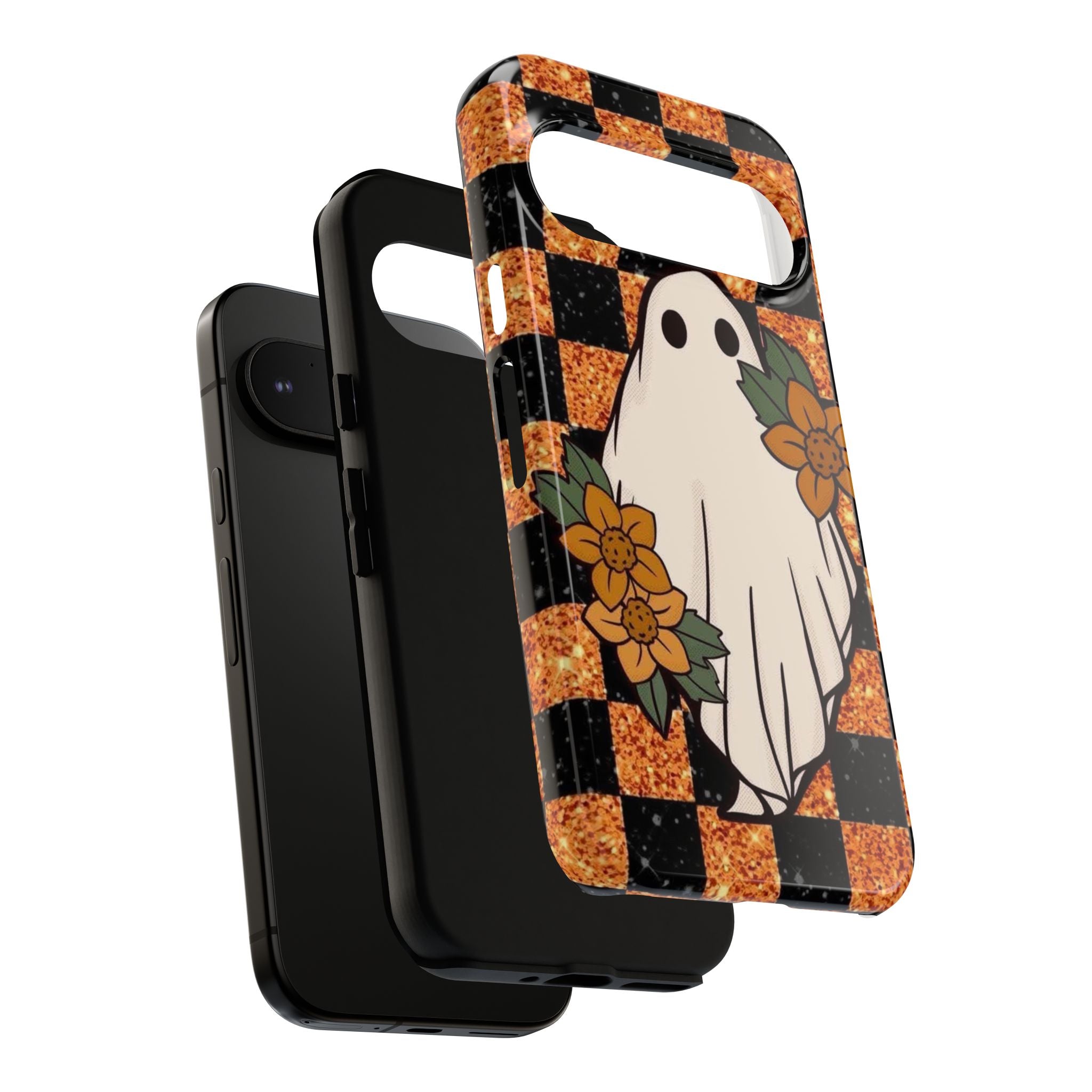 Halloween Ghost Phone Case — Checkerboard Orange Glitter Floral Design