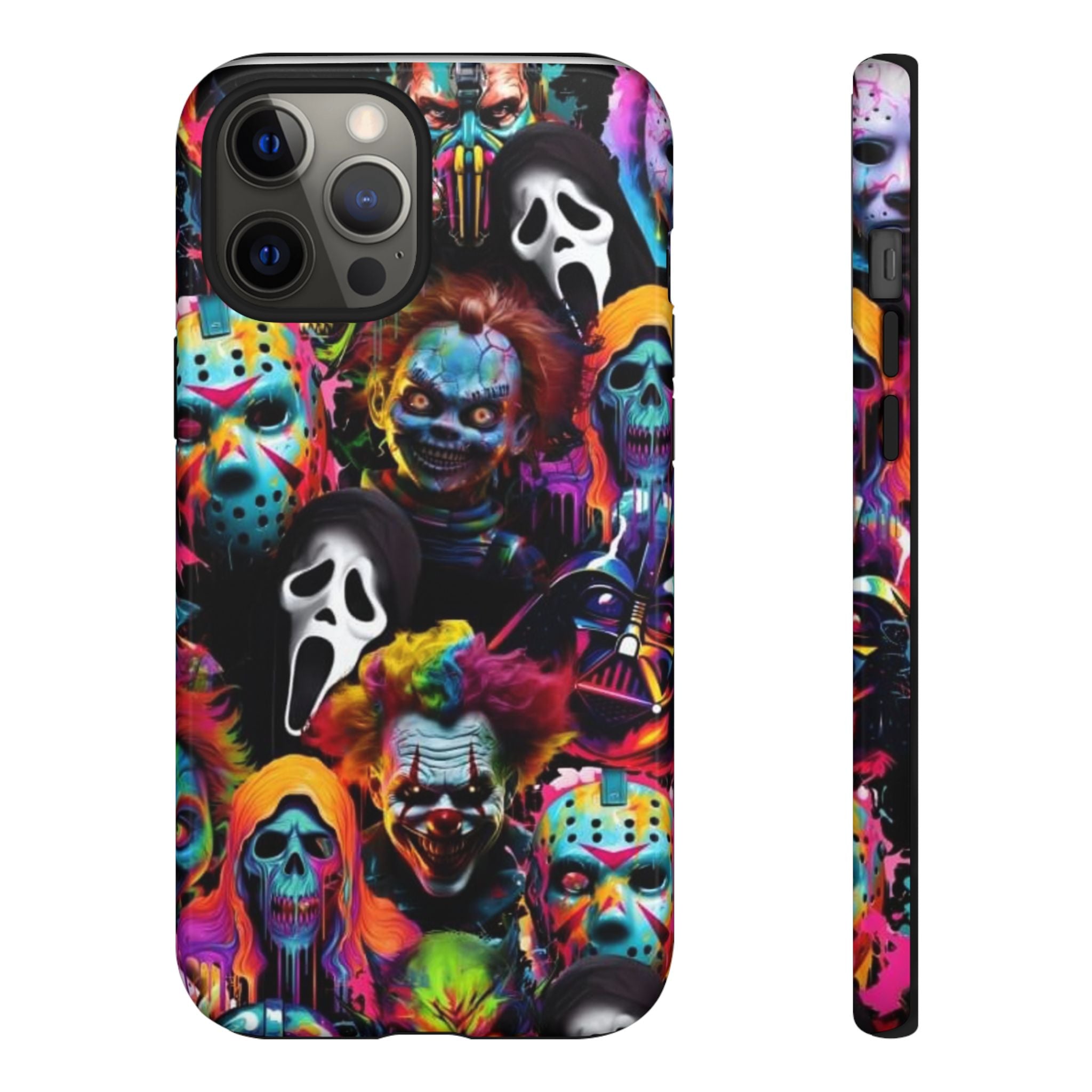 Phone Case — Neon Horror Mask Collage (Scream, Jason, Clown)