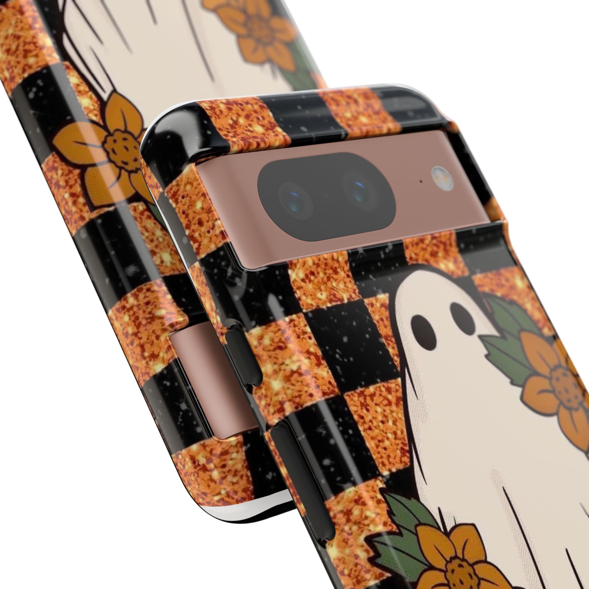 Halloween Ghost Phone Case — Checkerboard Orange Glitter Floral Design
