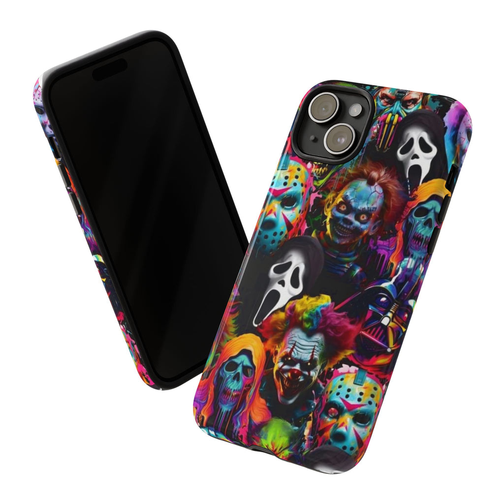 Phone Case — Neon Horror Mask Collage (Scream, Jason, Clown)