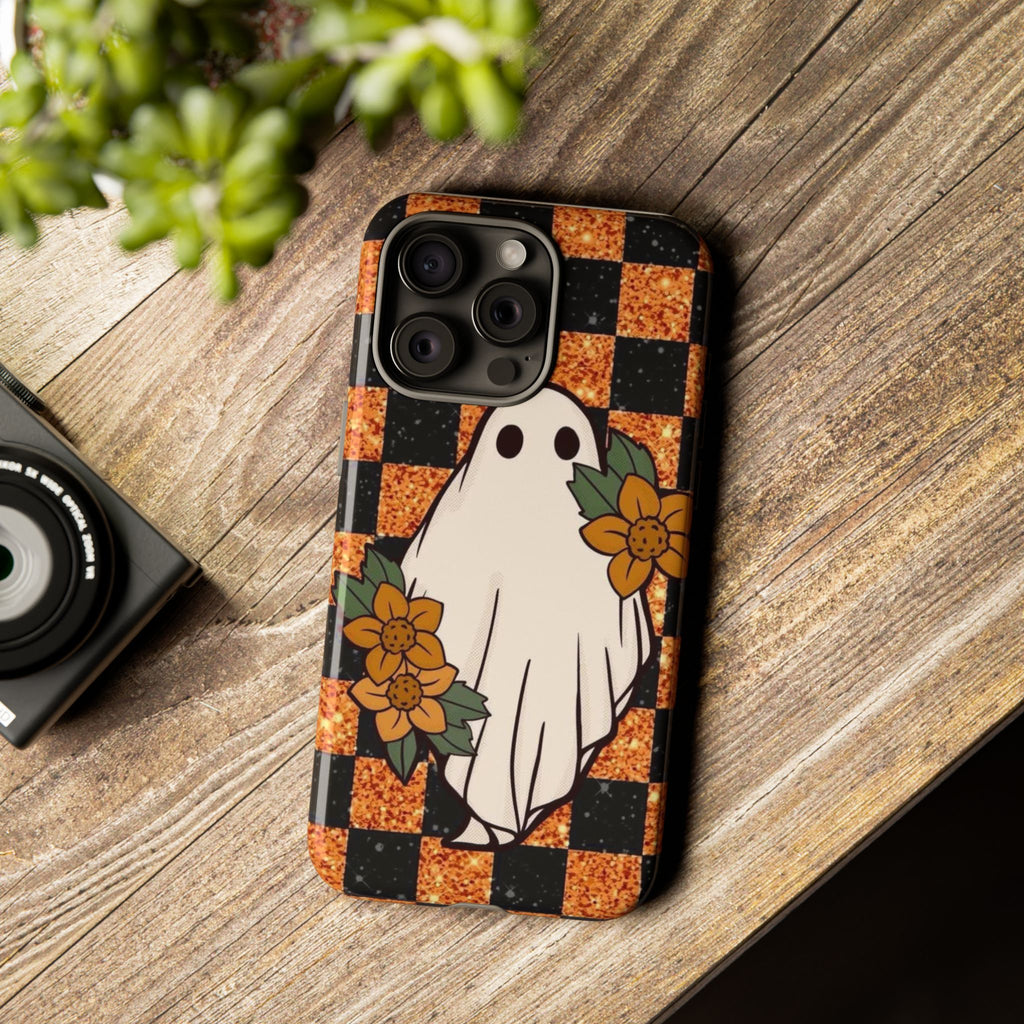 Halloween Ghost Phone Case — Checkerboard Orange Glitter Floral Design