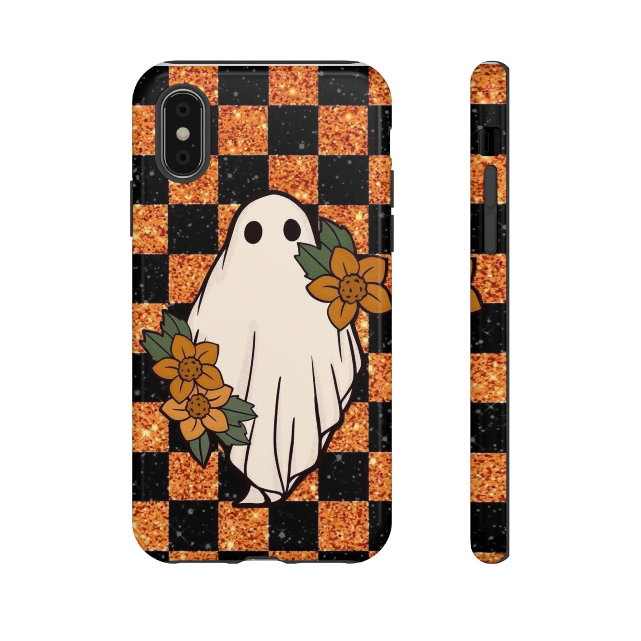 Halloween Ghost Phone Case — Checkerboard Orange Glitter Floral Design