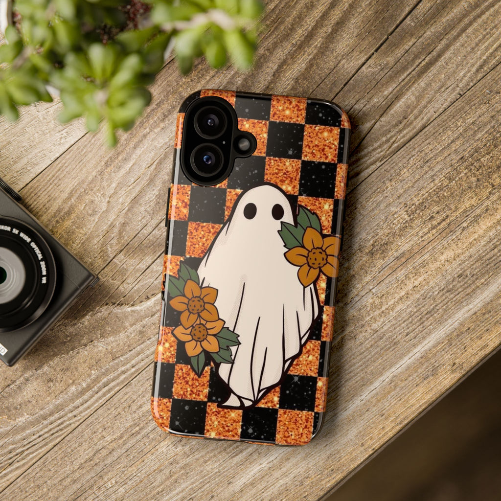 Halloween Ghost Phone Case — Checkerboard Orange Glitter Floral Design