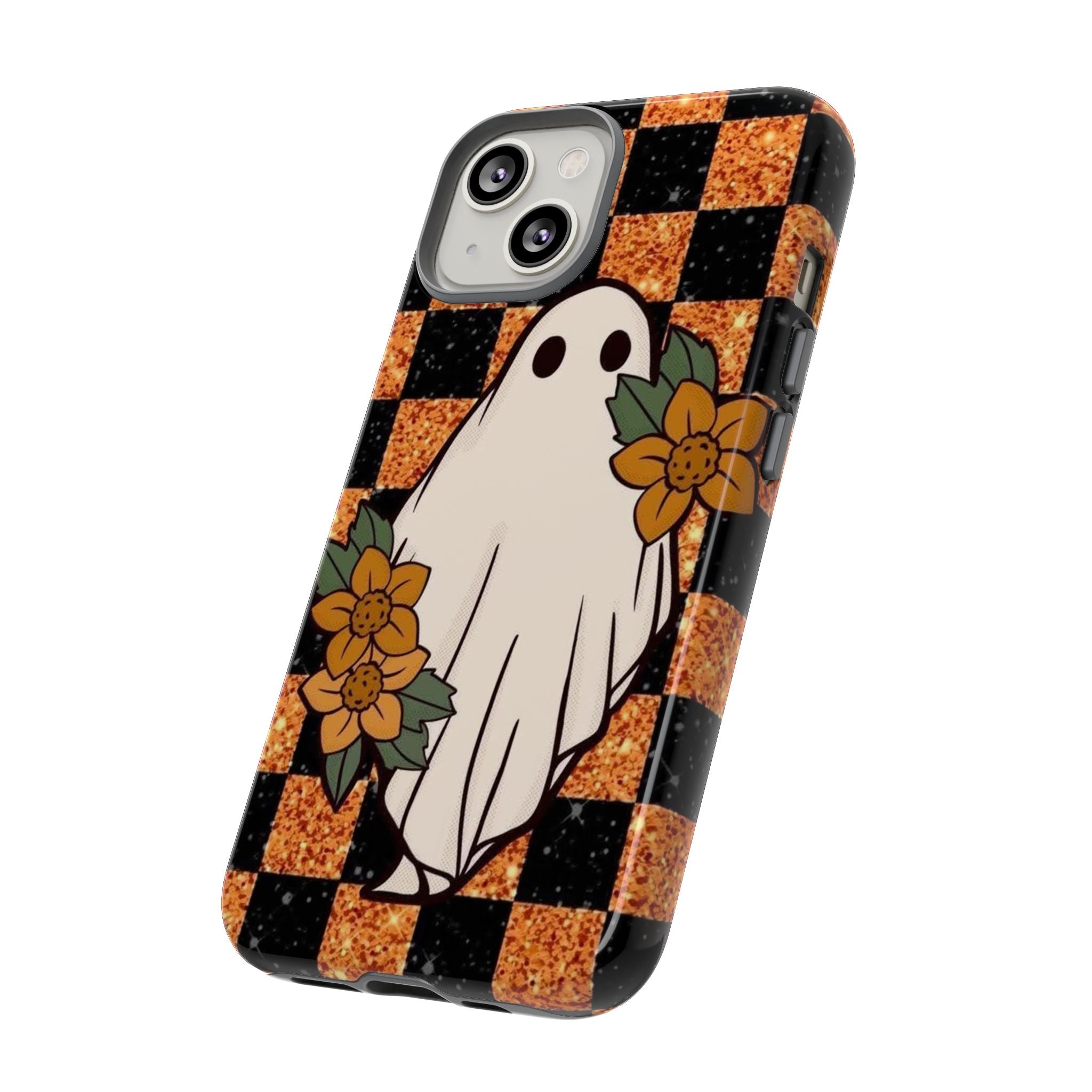 Halloween Ghost Phone Case — Checkerboard Orange Glitter Floral Design