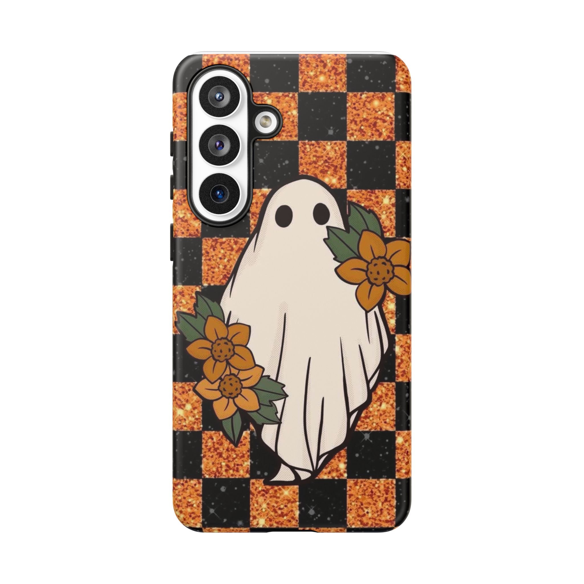 Halloween Ghost Phone Case — Checkerboard Orange Glitter Floral Design