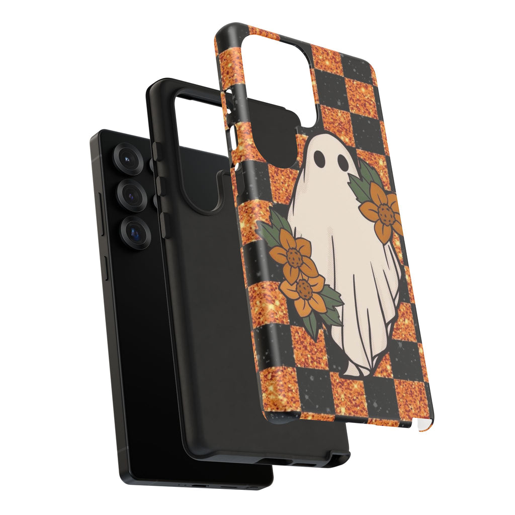 Halloween Ghost Phone Case — Checkerboard Orange Glitter Floral Design