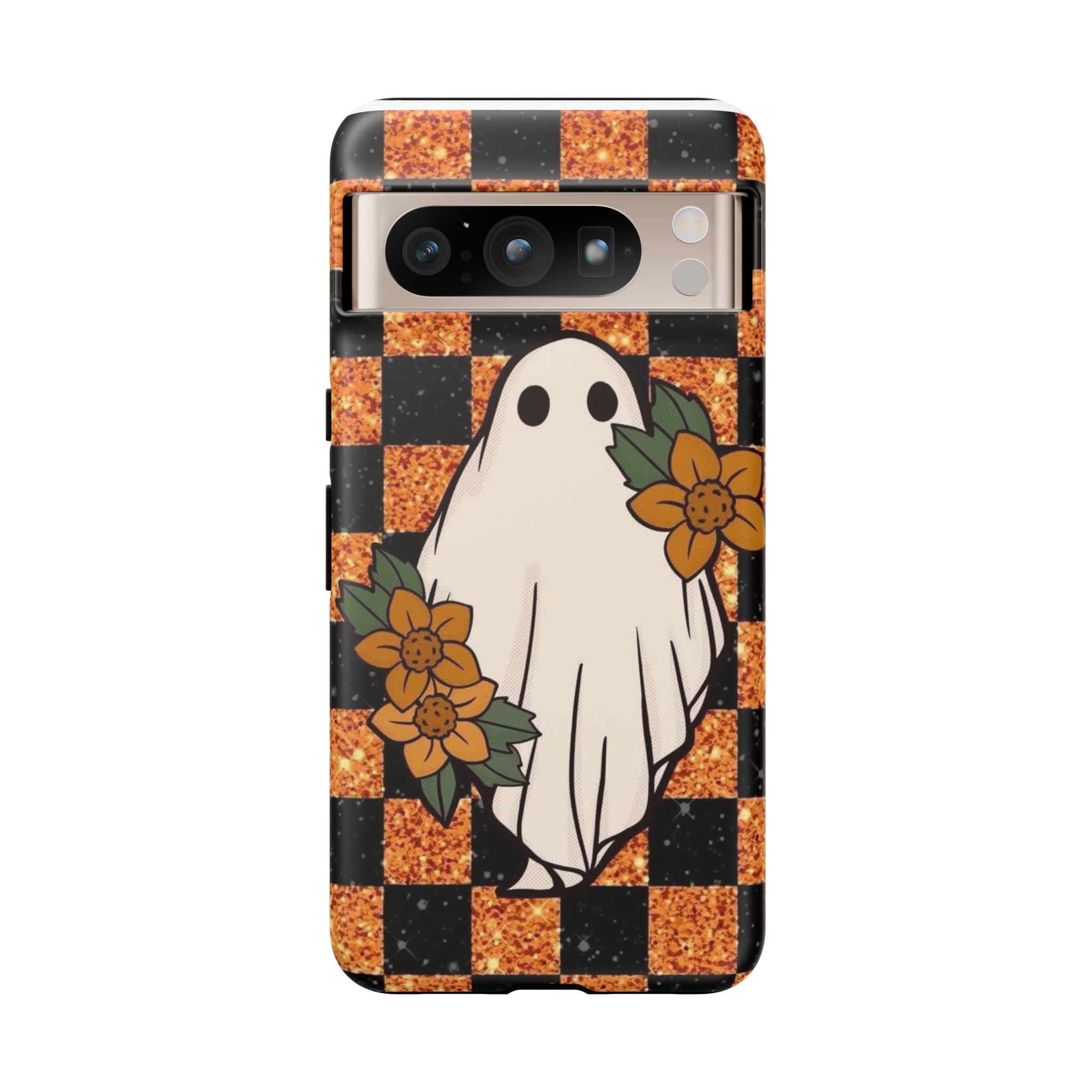 Halloween Ghost Phone Case — Checkerboard Orange Glitter Floral Design