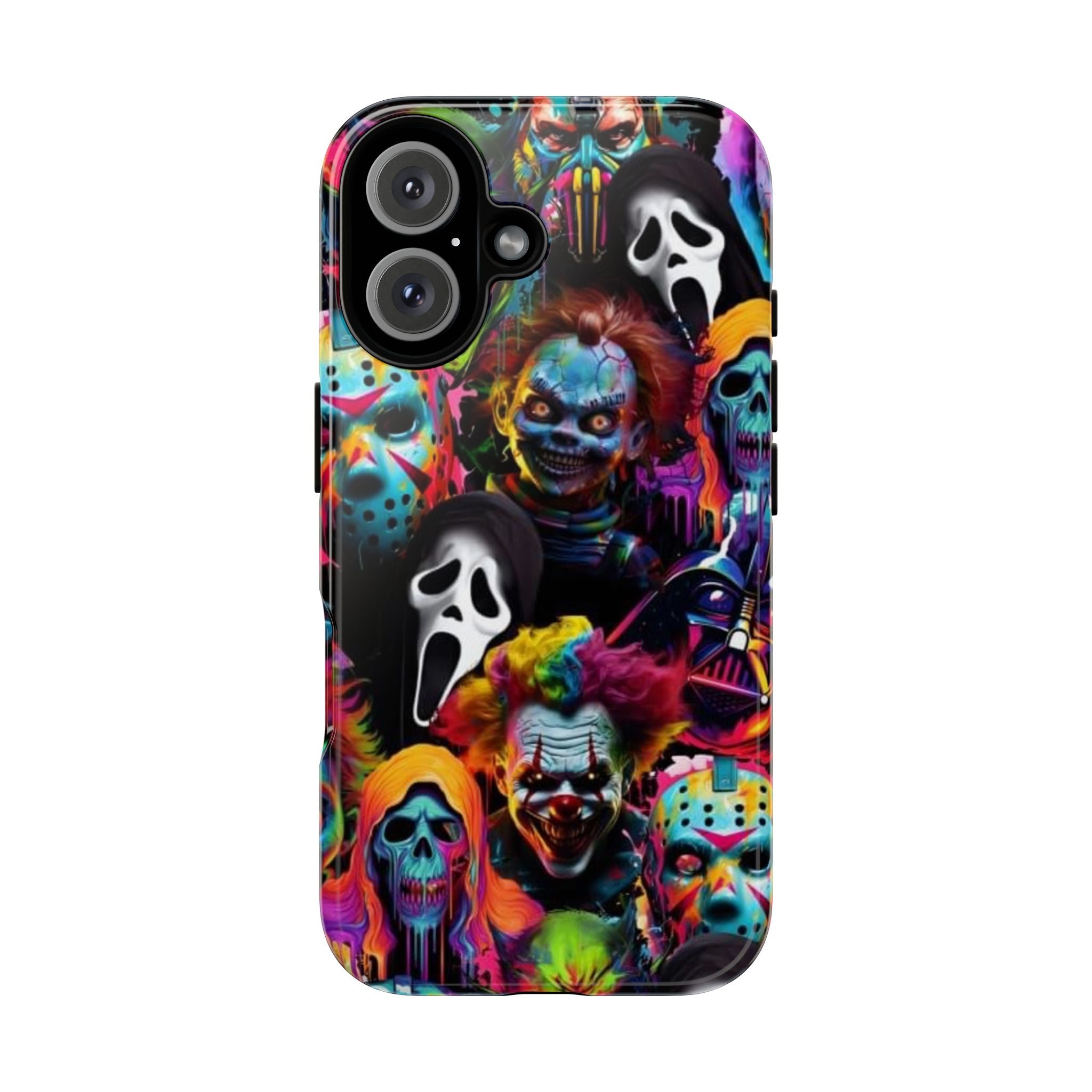 Phone Case — Neon Horror Mask Collage (Scream, Jason, Clown)