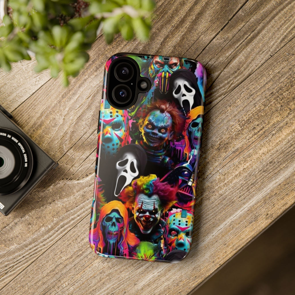 Phone Case — Neon Horror Mask Collage (Scream, Jason, Clown)