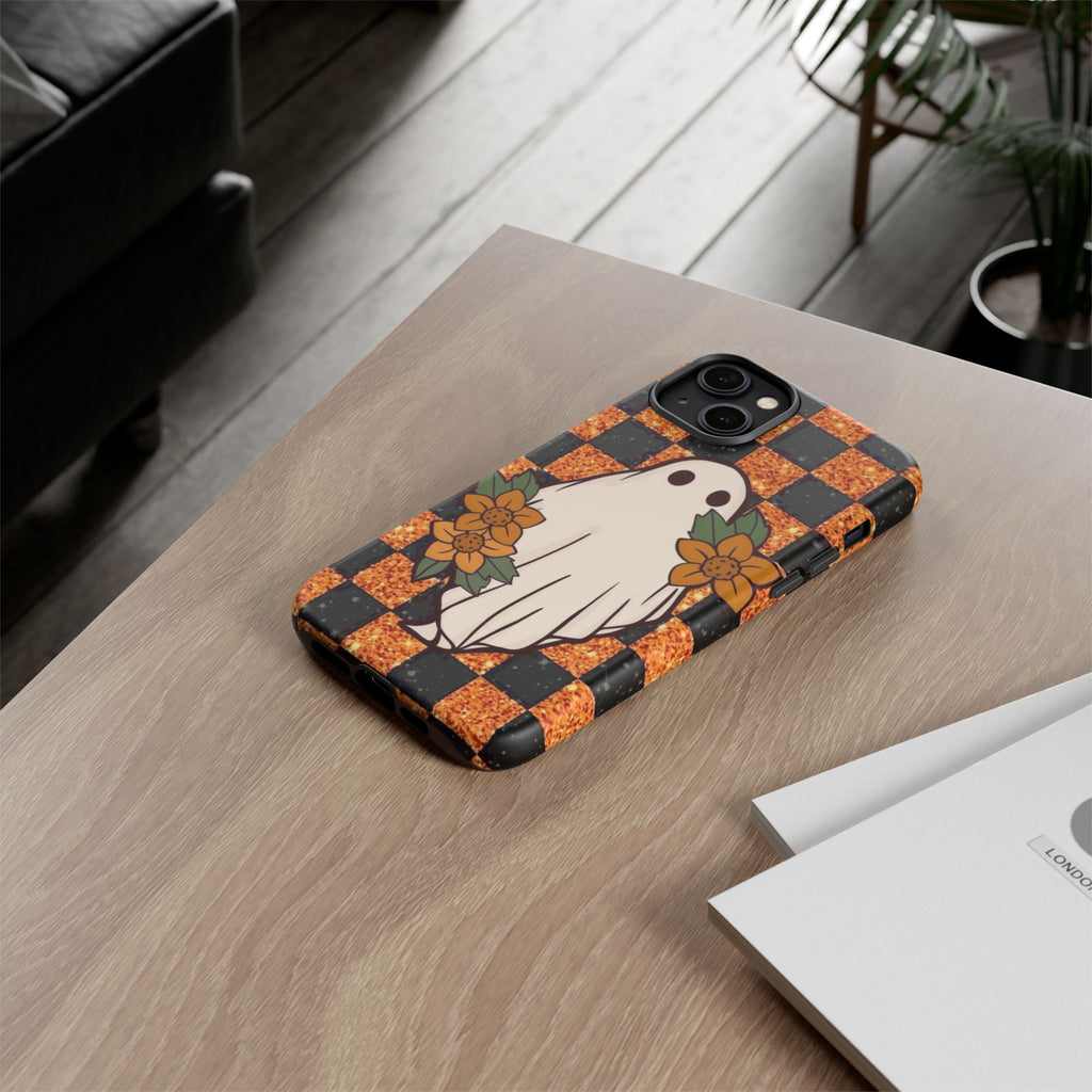 Halloween Ghost Phone Case — Checkerboard Orange Glitter Floral Design