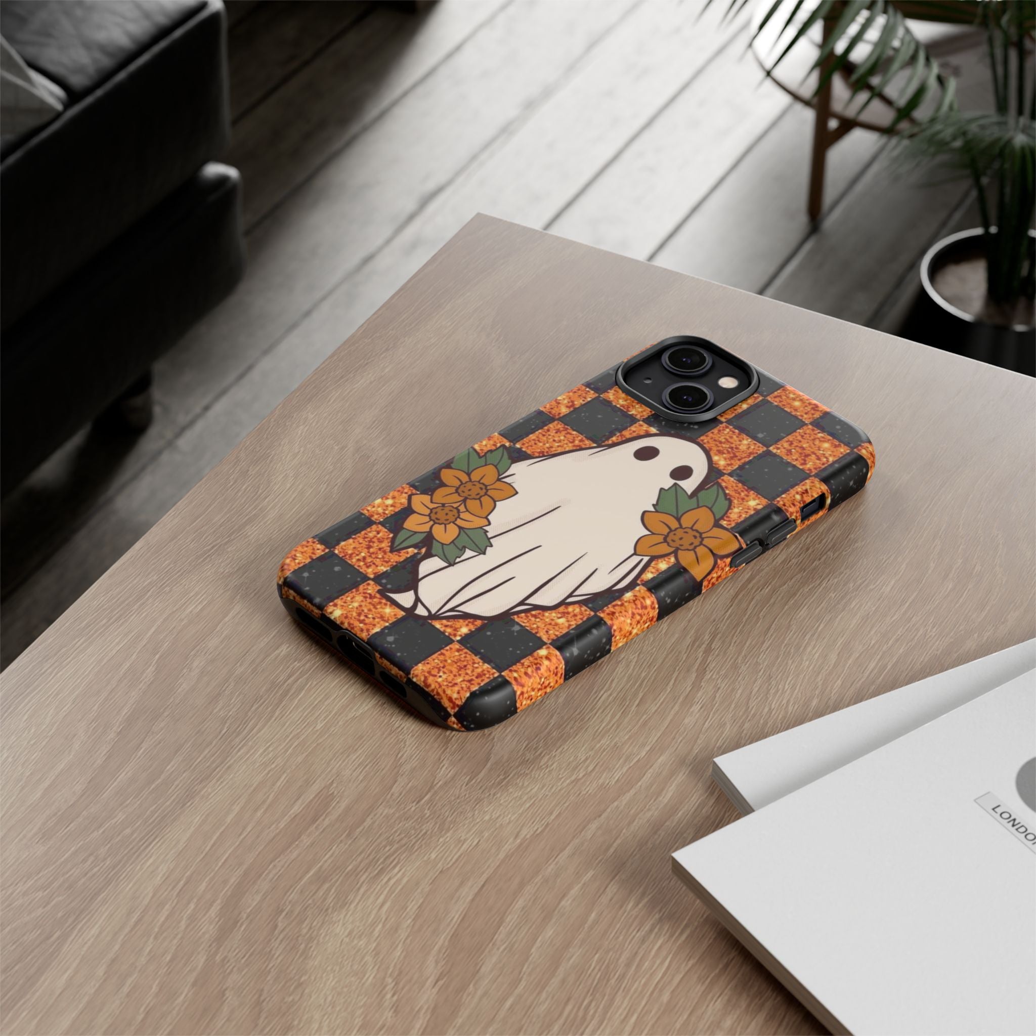 Halloween Ghost Phone Case — Checkerboard Orange Glitter Floral Design