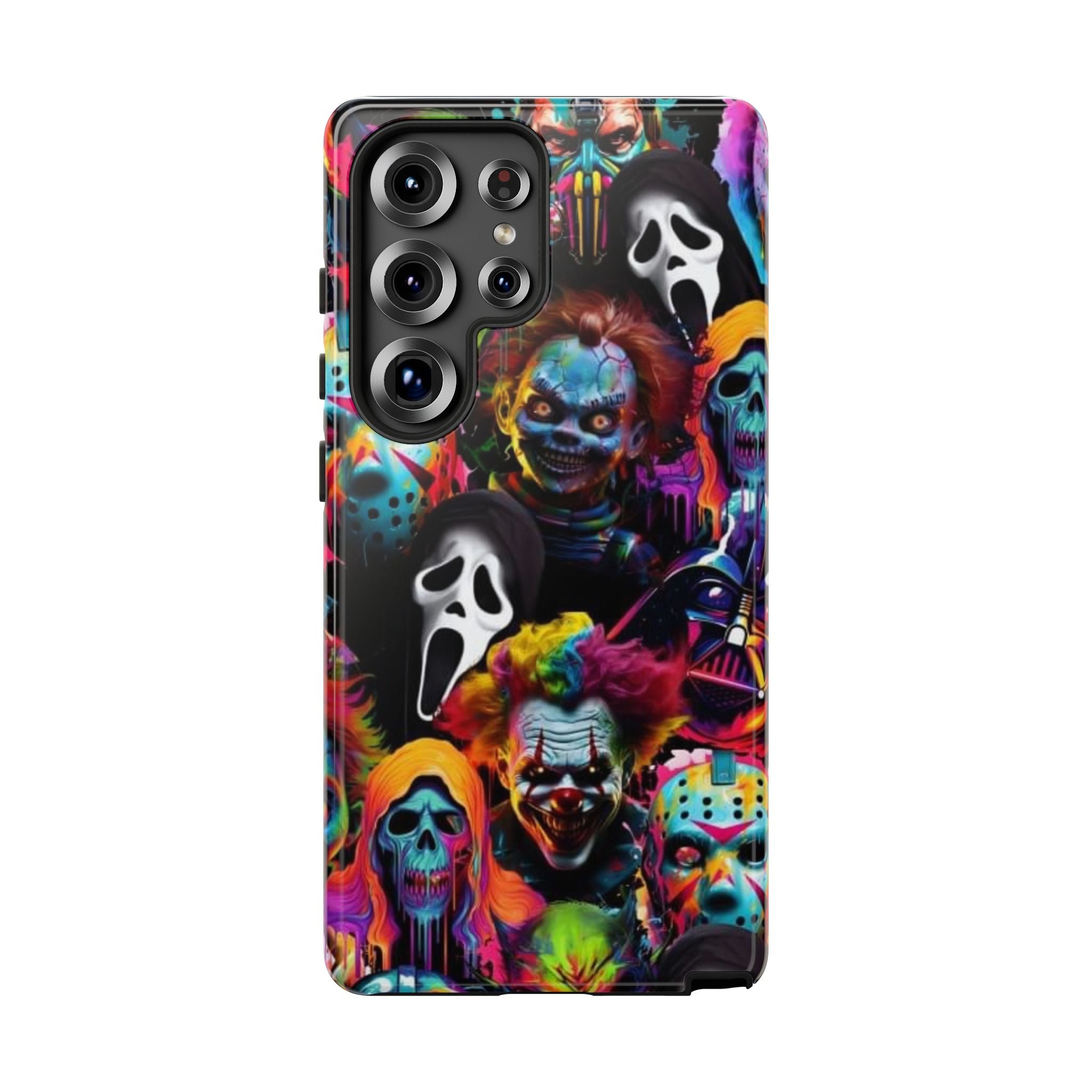 Phone Case — Neon Horror Mask Collage (Scream, Jason, Clown)