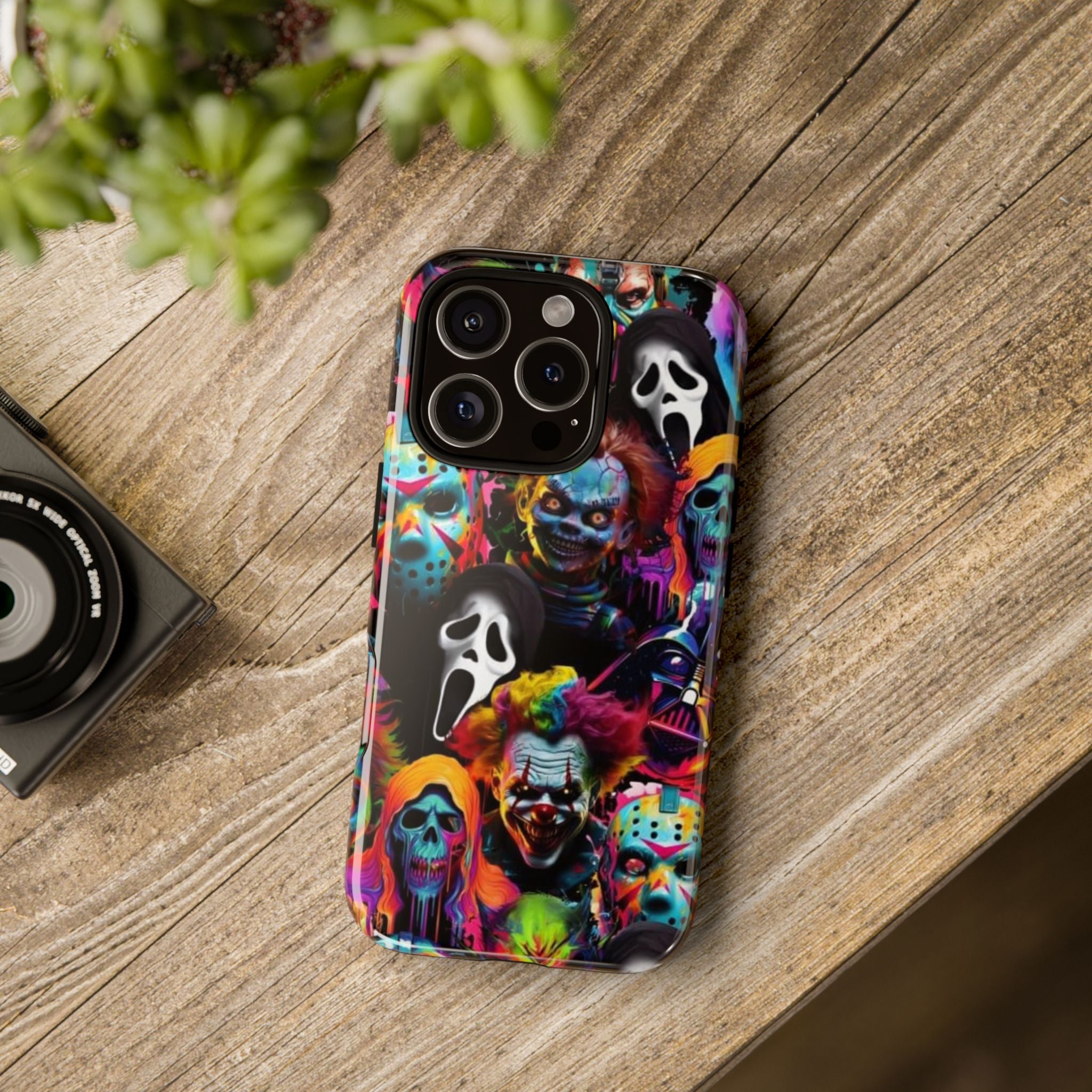 Phone Case — Neon Horror Mask Collage (Scream, Jason, Clown)