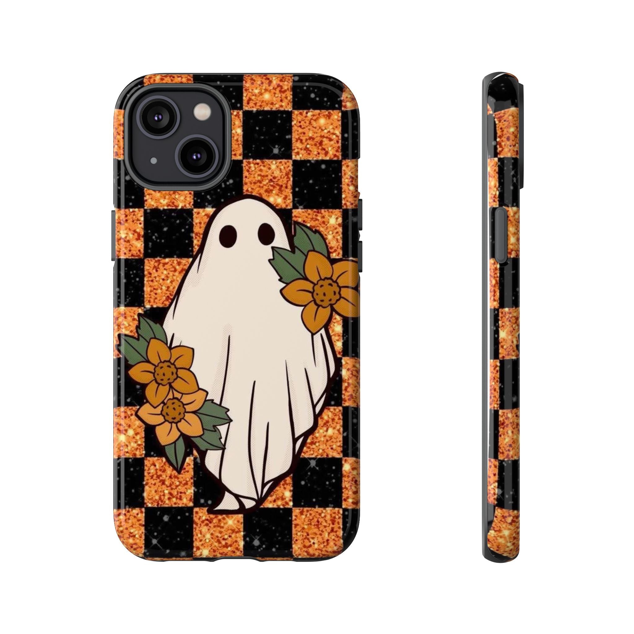 Halloween Ghost Phone Case — Checkerboard Orange Glitter Floral Design