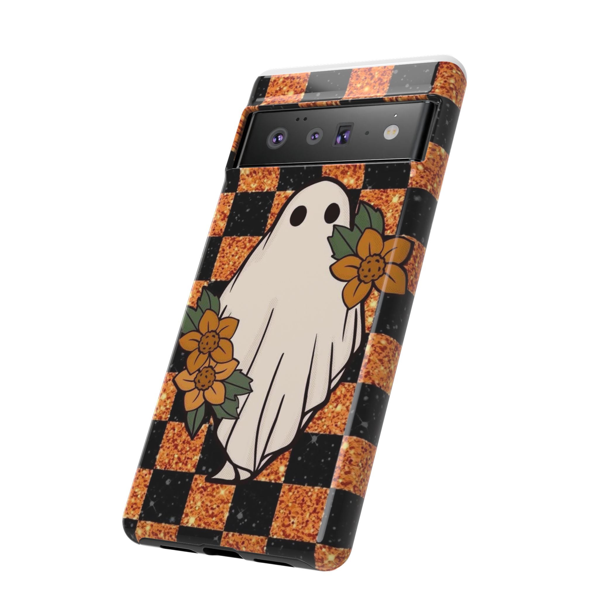 Halloween Ghost Phone Case — Checkerboard Orange Glitter Floral Design