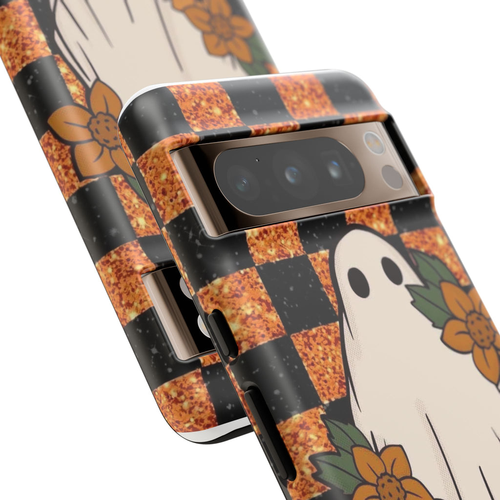 Halloween Ghost Phone Case — Checkerboard Orange Glitter Floral Design