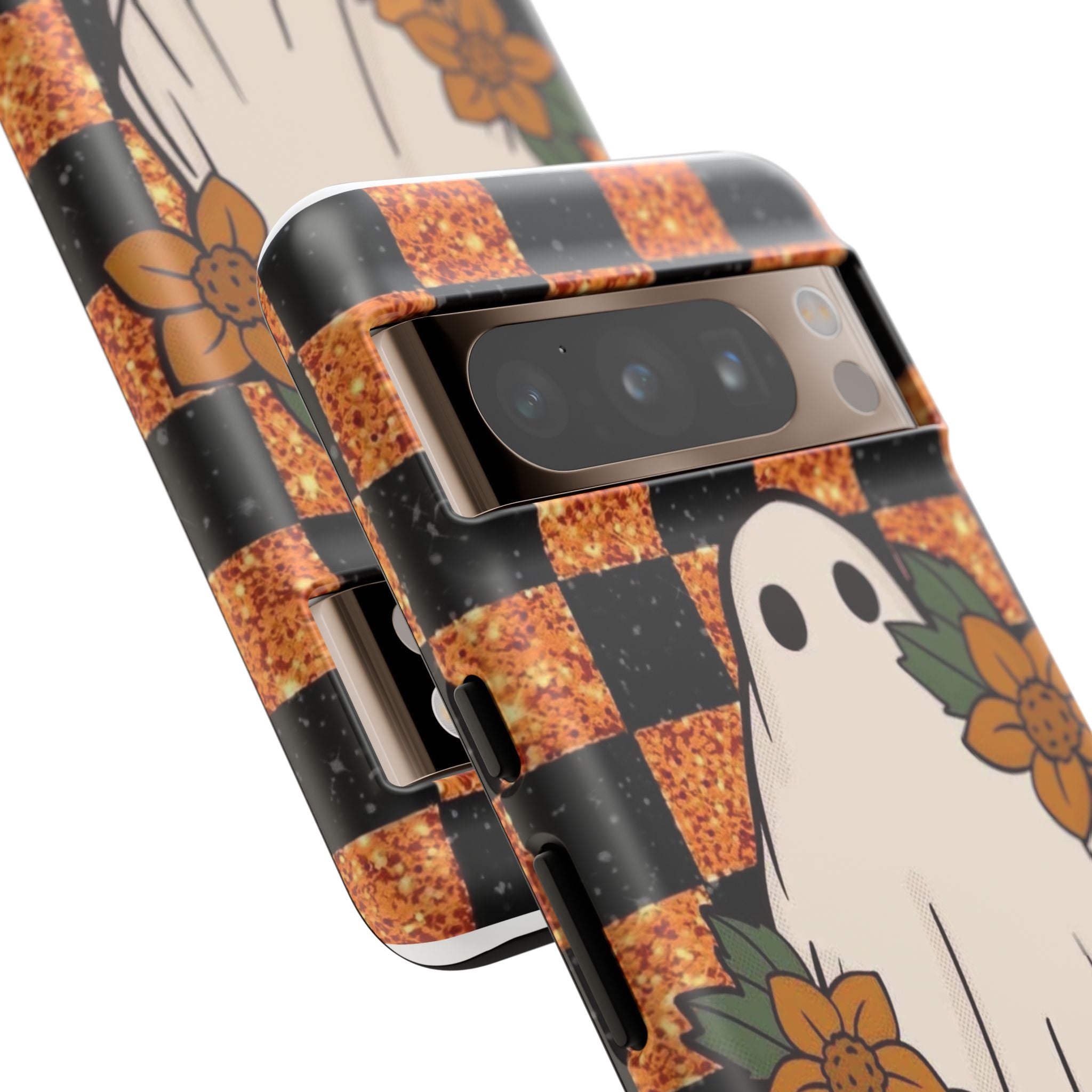 Halloween Ghost Phone Case — Checkerboard Orange Glitter Floral Design