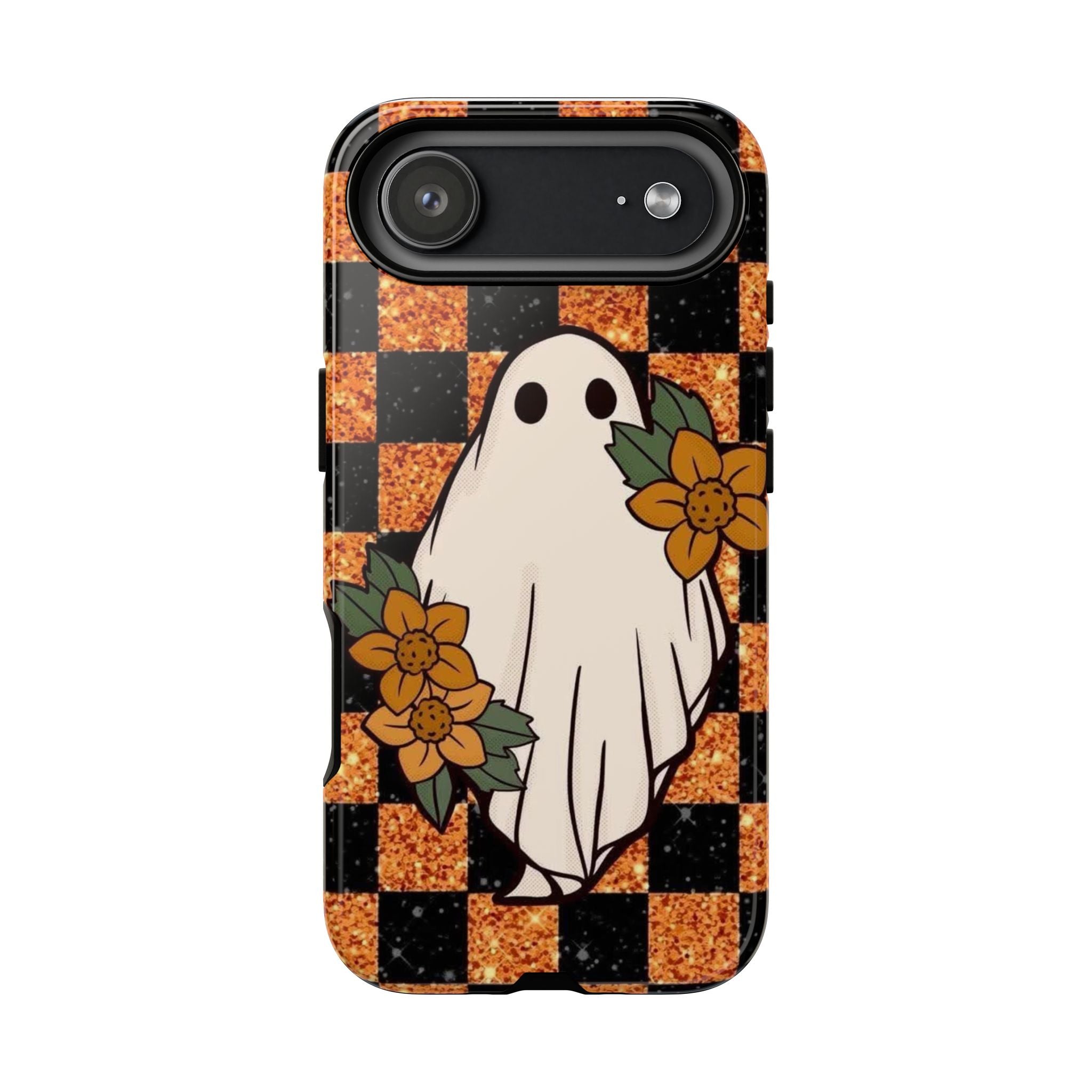 Halloween Ghost Phone Case — Checkerboard Orange Glitter Floral Design