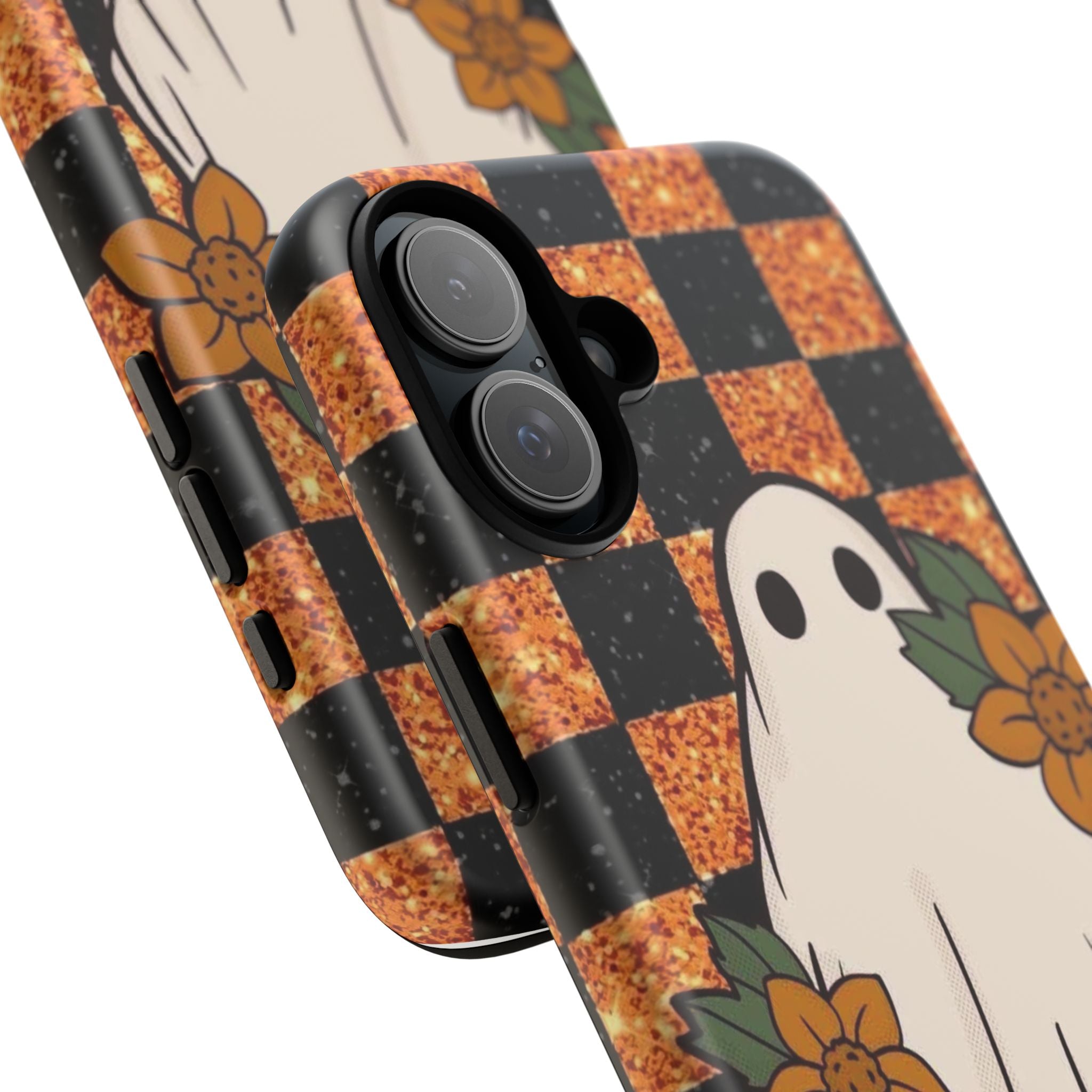 Halloween Ghost Phone Case — Checkerboard Orange Glitter Floral Design