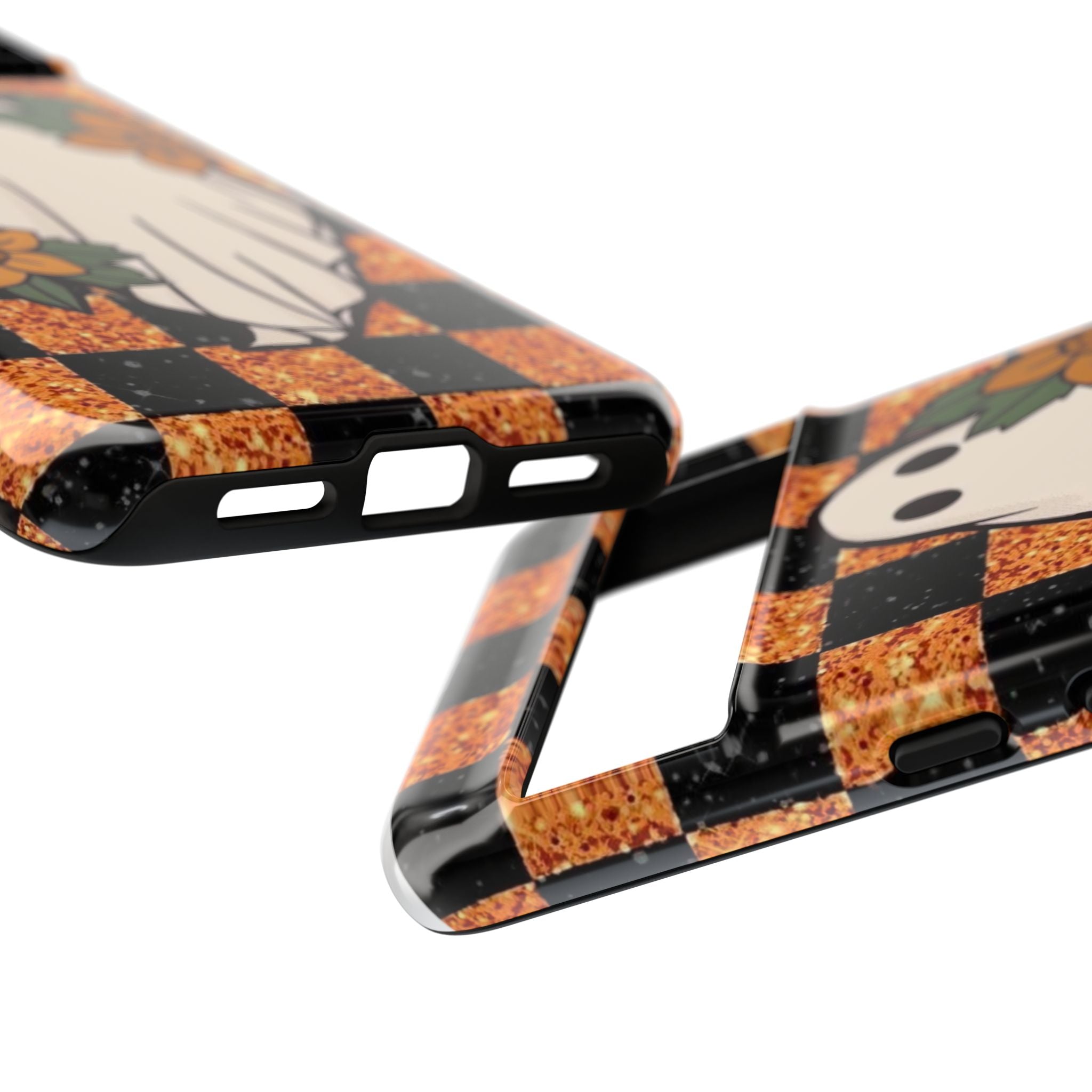 Halloween Ghost Phone Case — Checkerboard Orange Glitter Floral Design