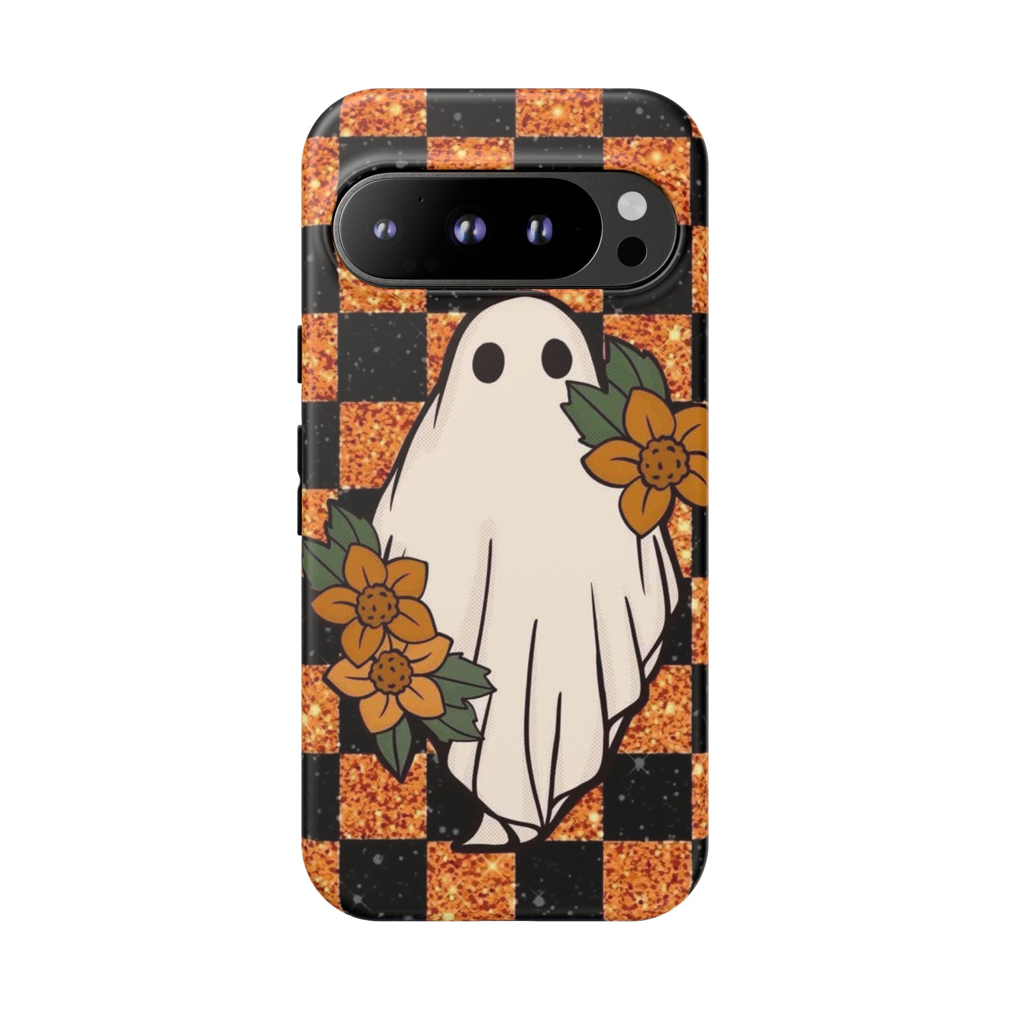 Halloween Ghost Phone Case — Checkerboard Orange Glitter Floral Design