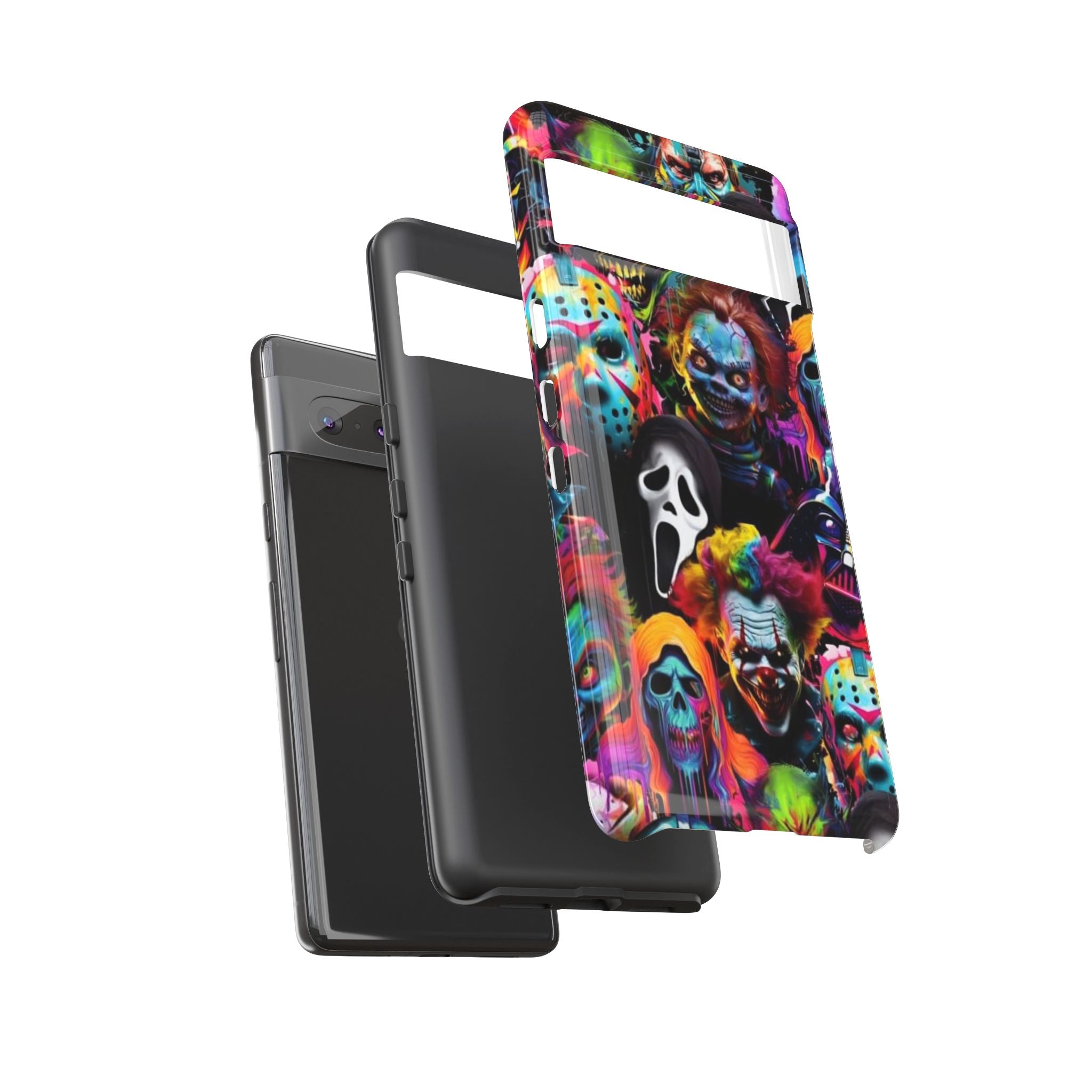 Phone Case — Neon Horror Mask Collage (Scream, Jason, Clown)