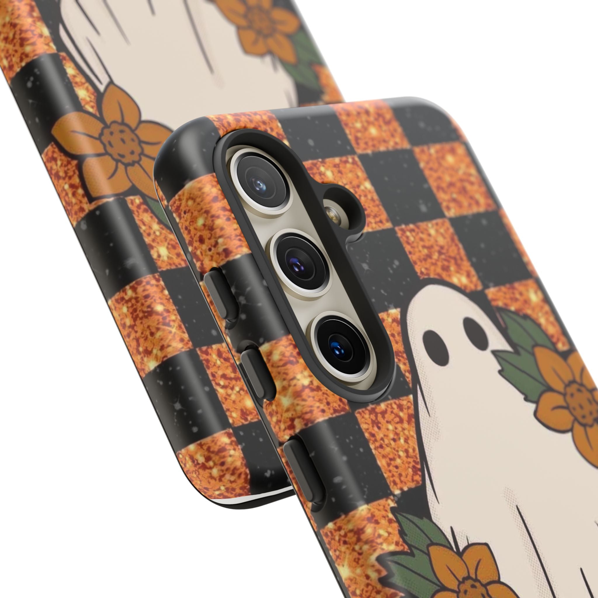 Halloween Ghost Phone Case — Checkerboard Orange Glitter Floral Design