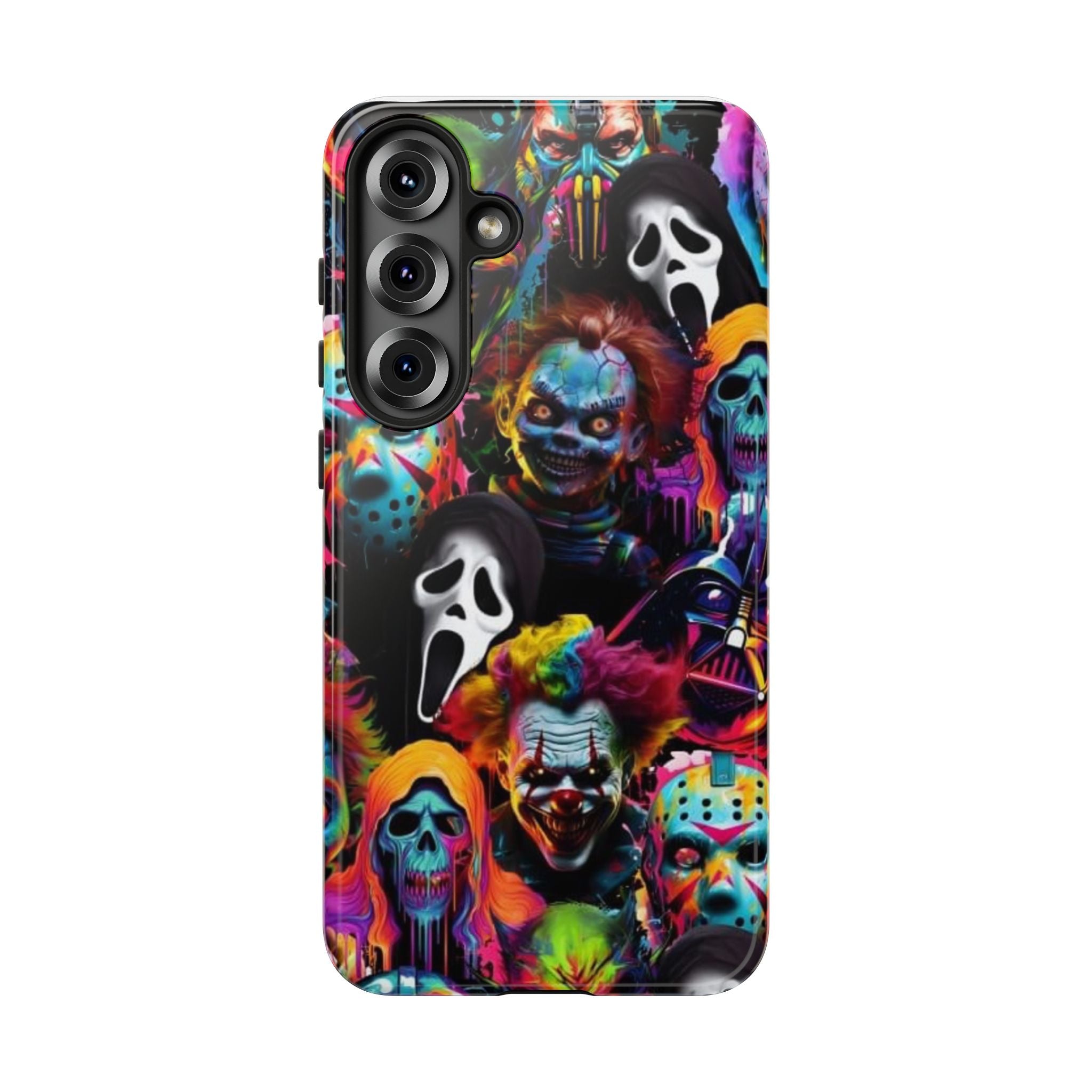 Phone Case — Neon Horror Mask Collage (Scream, Jason, Clown)