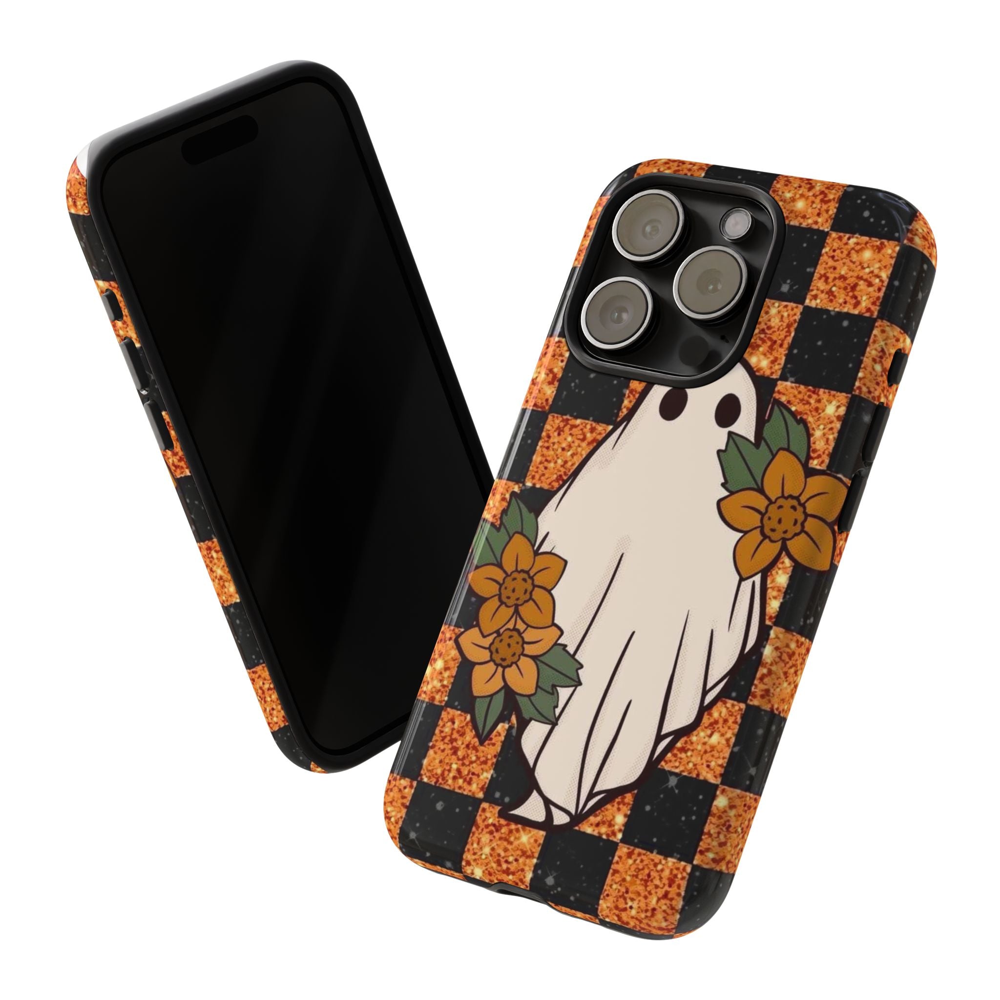 Halloween Ghost Phone Case — Checkerboard Orange Glitter Floral Design