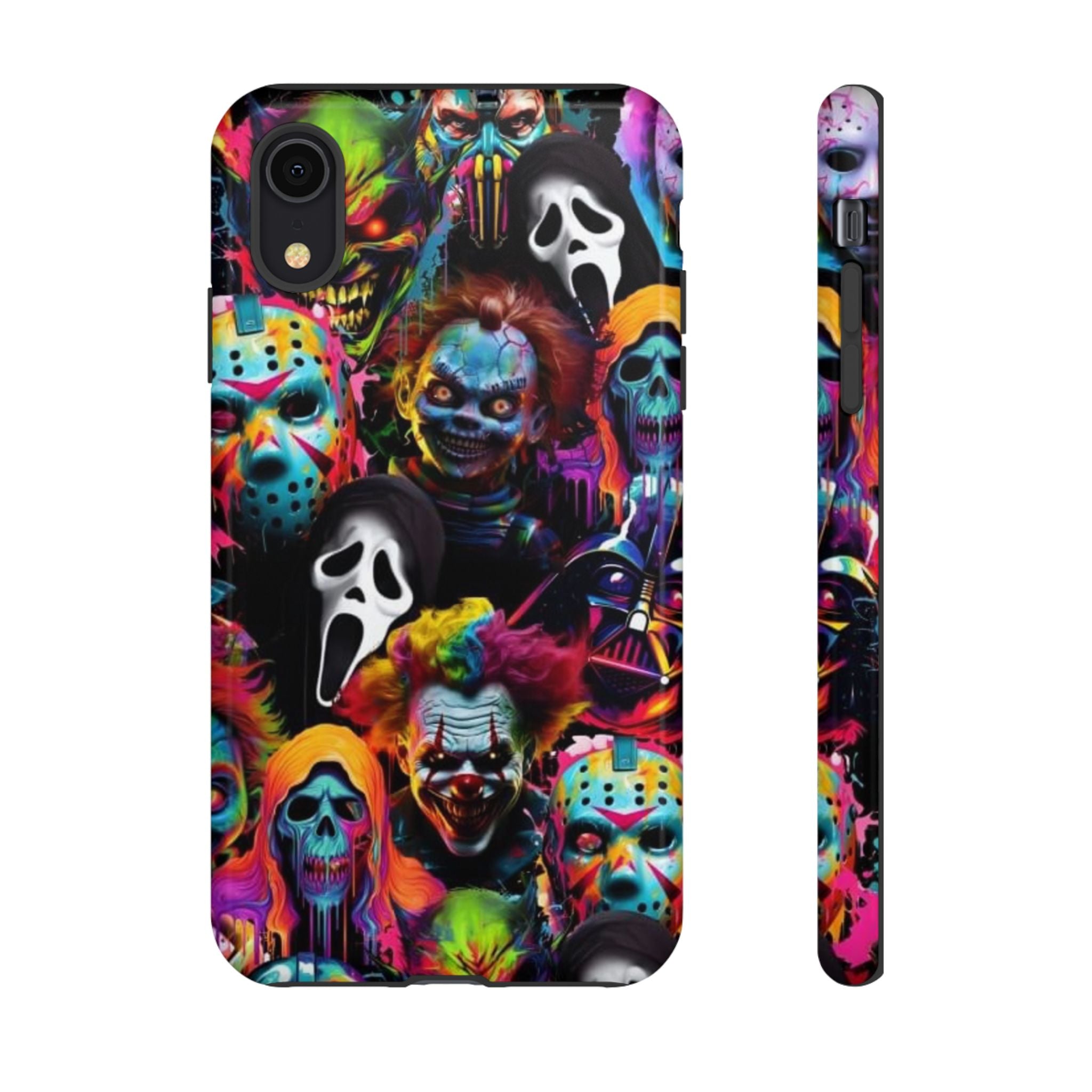 Phone Case — Neon Horror Mask Collage (Scream, Jason, Clown)