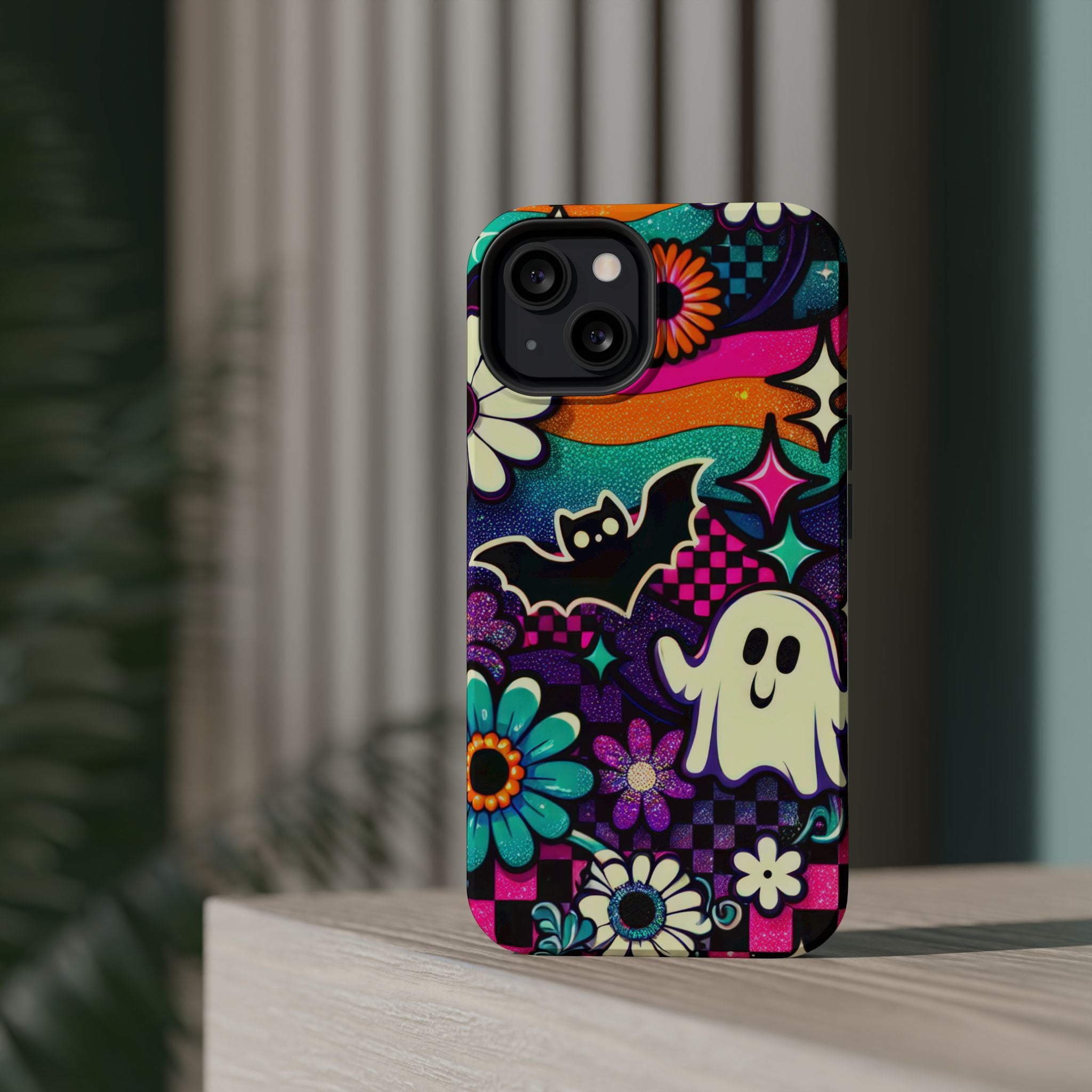 Halloween Retro Ghost & Bat Phone Case — Magnetic Impact-Resistant