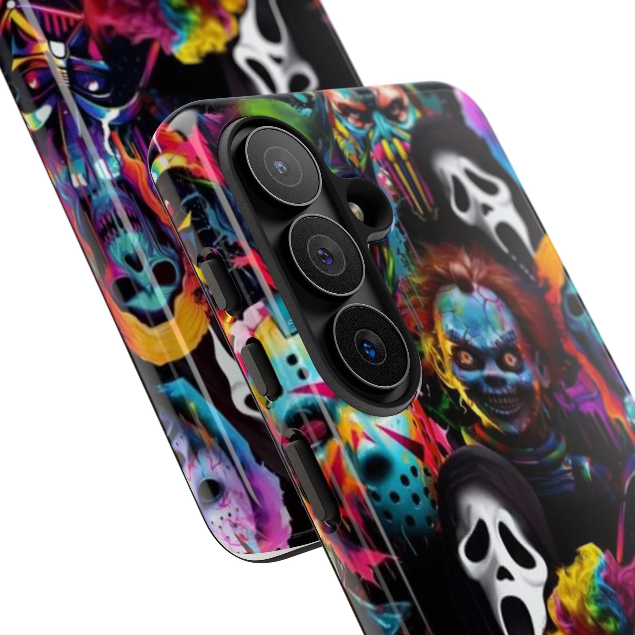 Phone Case — Neon Horror Mask Collage (Scream, Jason, Clown)