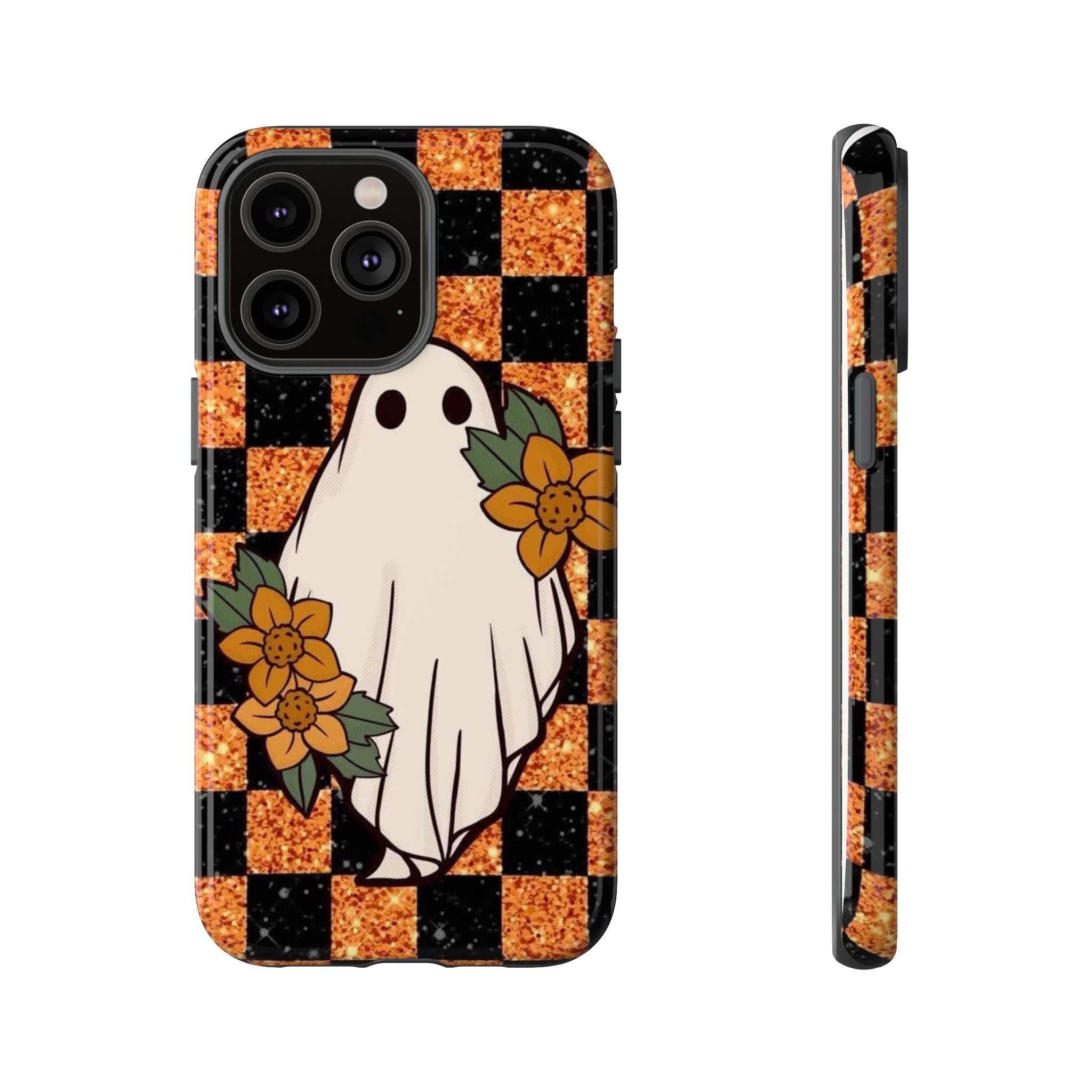 Halloween Ghost Phone Case — Checkerboard Orange Glitter Floral Design