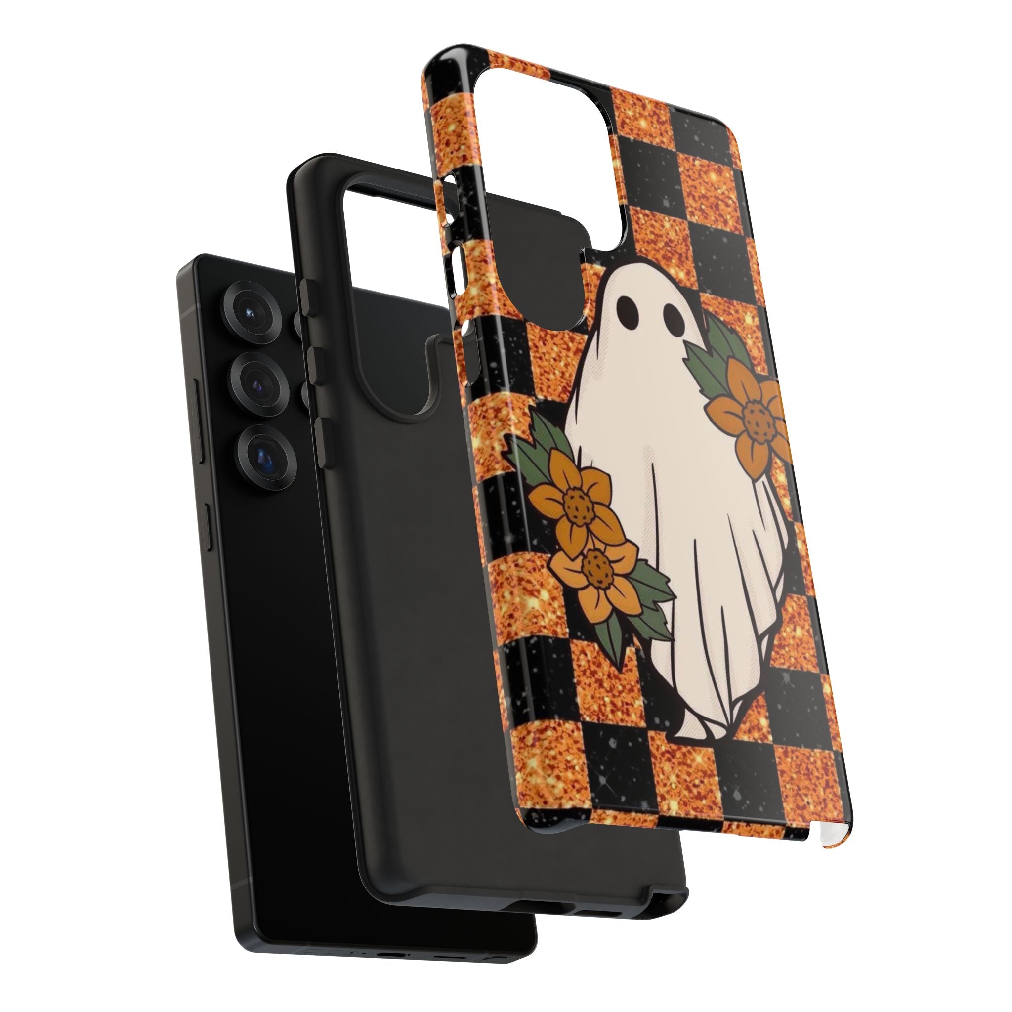 Halloween Ghost Phone Case — Checkerboard Orange Glitter Floral Design