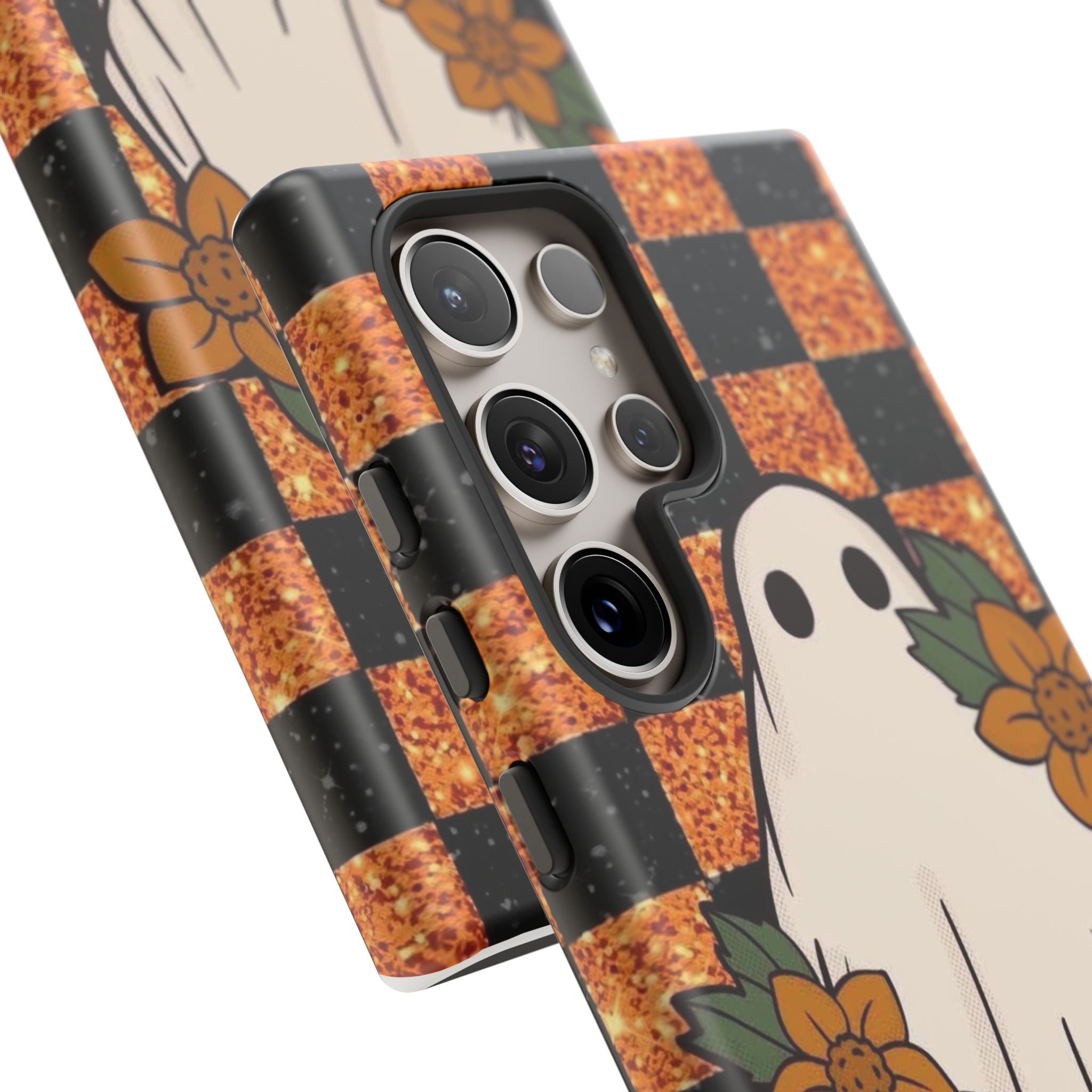 Halloween Ghost Phone Case — Checkerboard Orange Glitter Floral Design