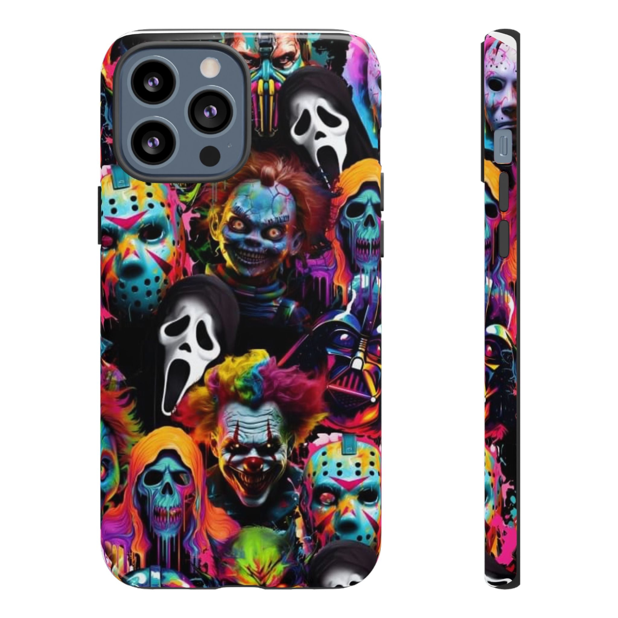 Phone Case — Neon Horror Mask Collage (Scream, Jason, Clown)