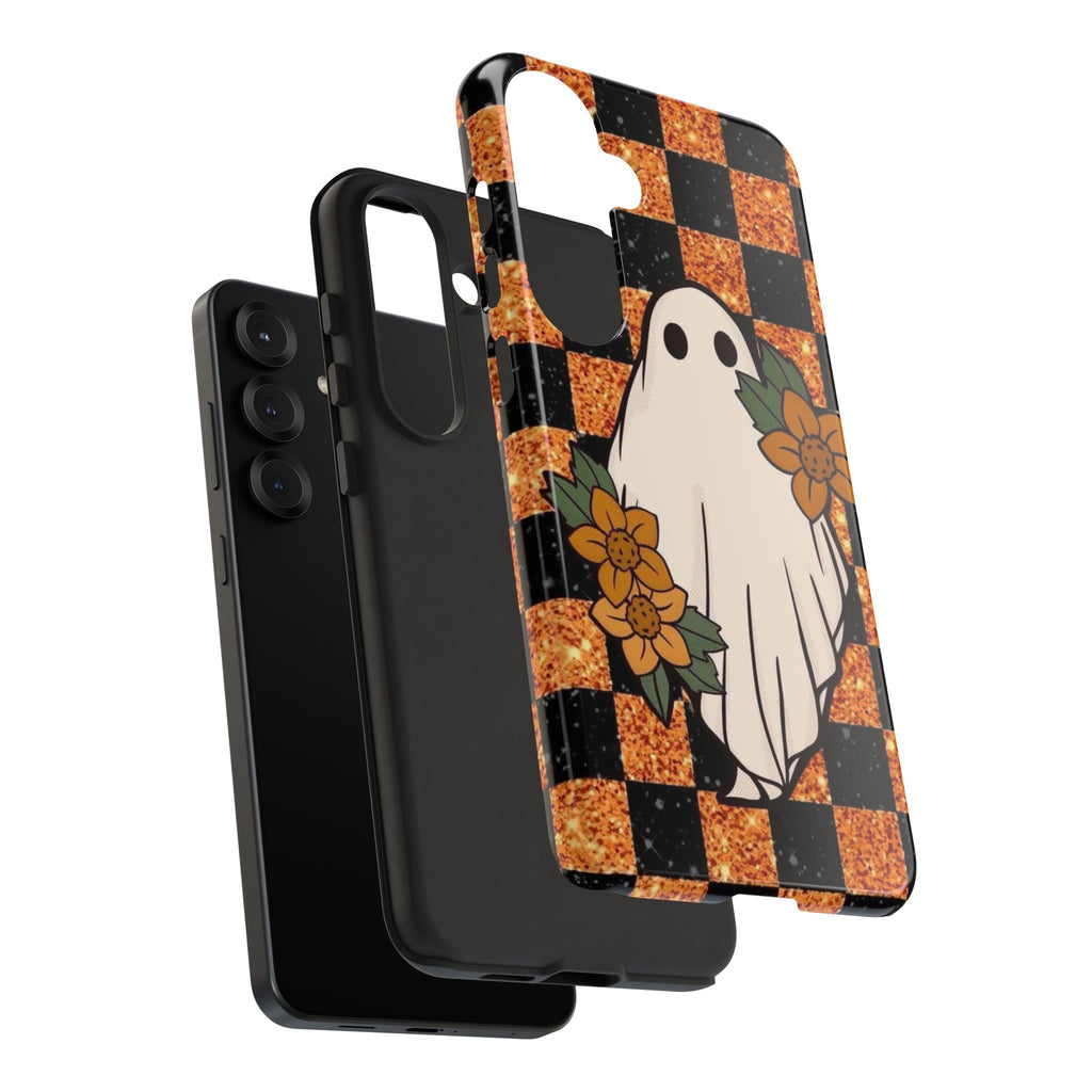 Halloween Ghost Phone Case — Checkerboard Orange Glitter Floral Design