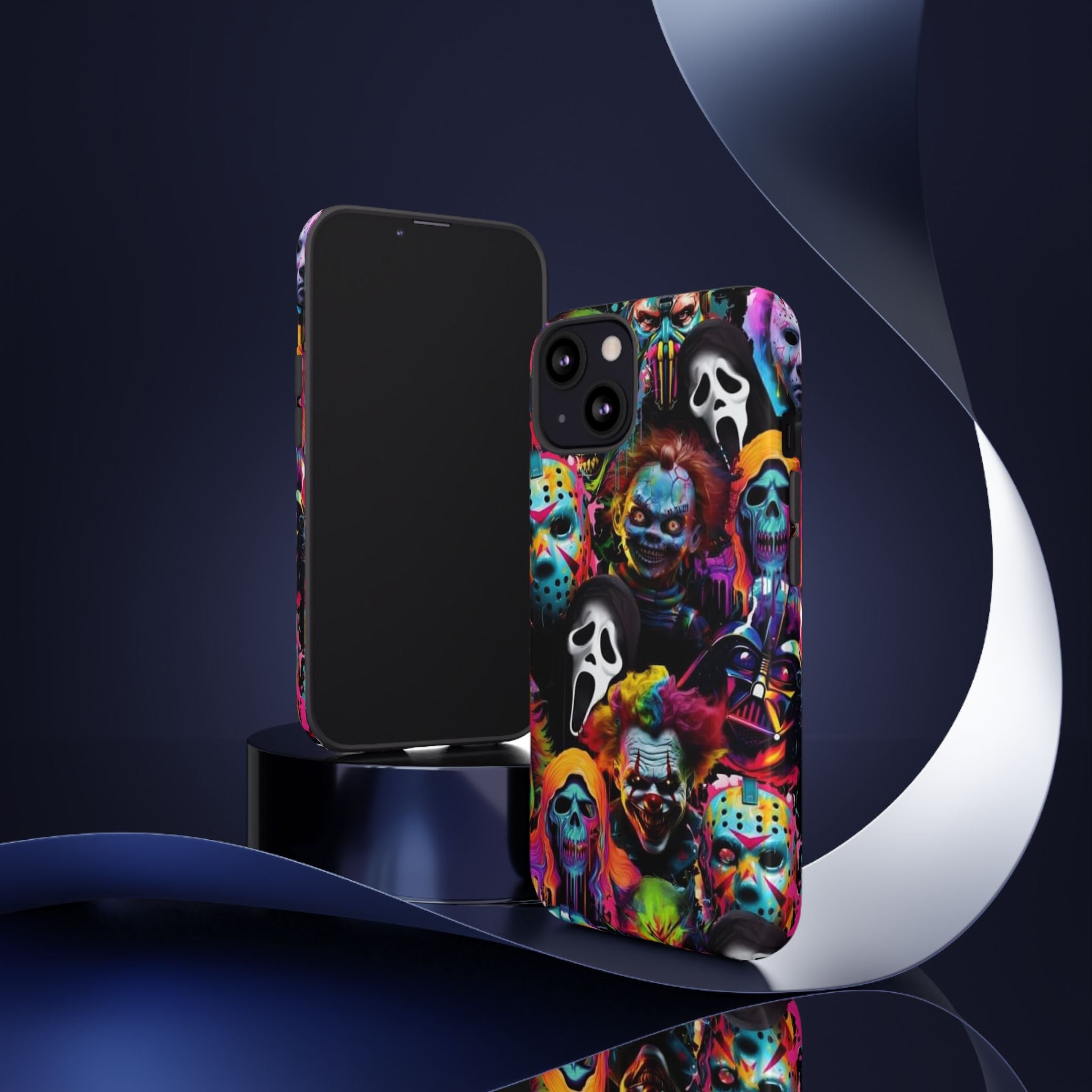 Phone Case — Neon Horror Mask Collage (Scream, Jason, Clown)