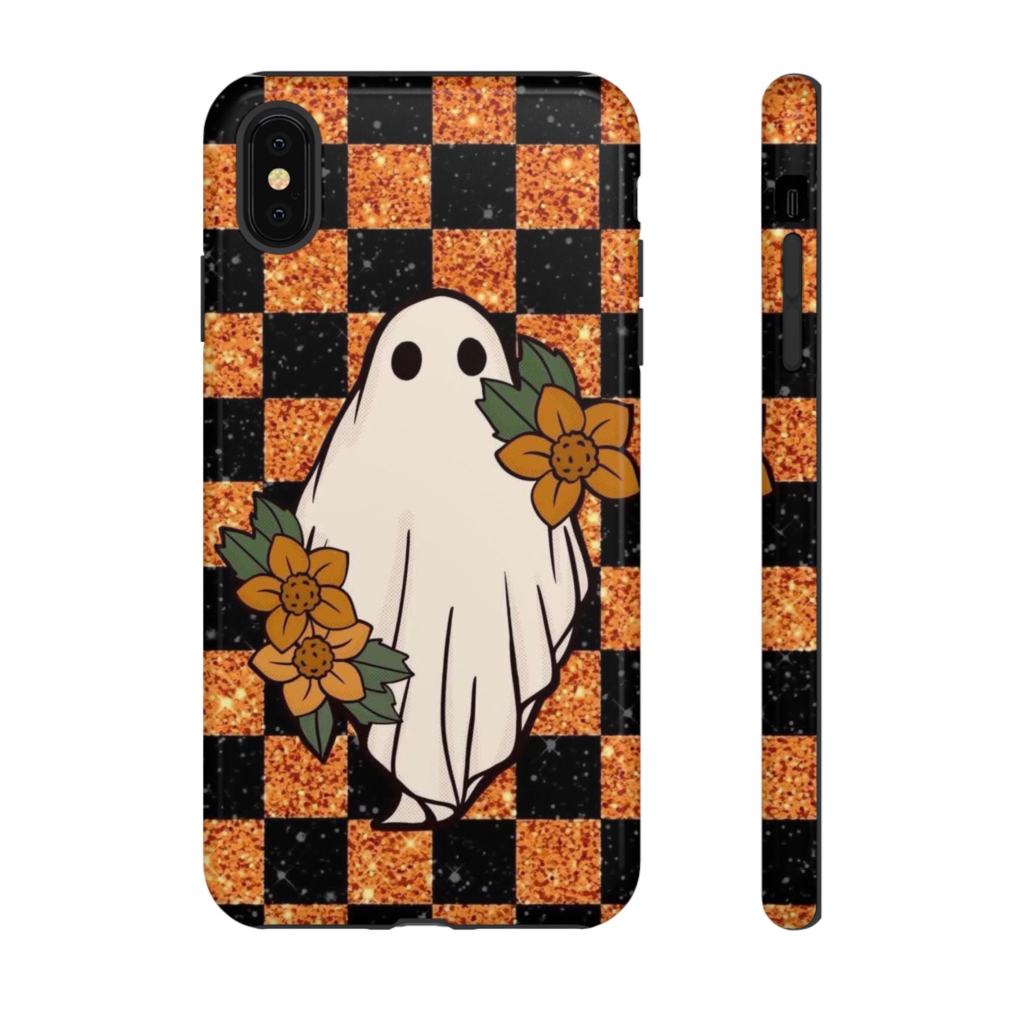 Halloween Ghost Phone Case — Checkerboard Orange Glitter Floral Design