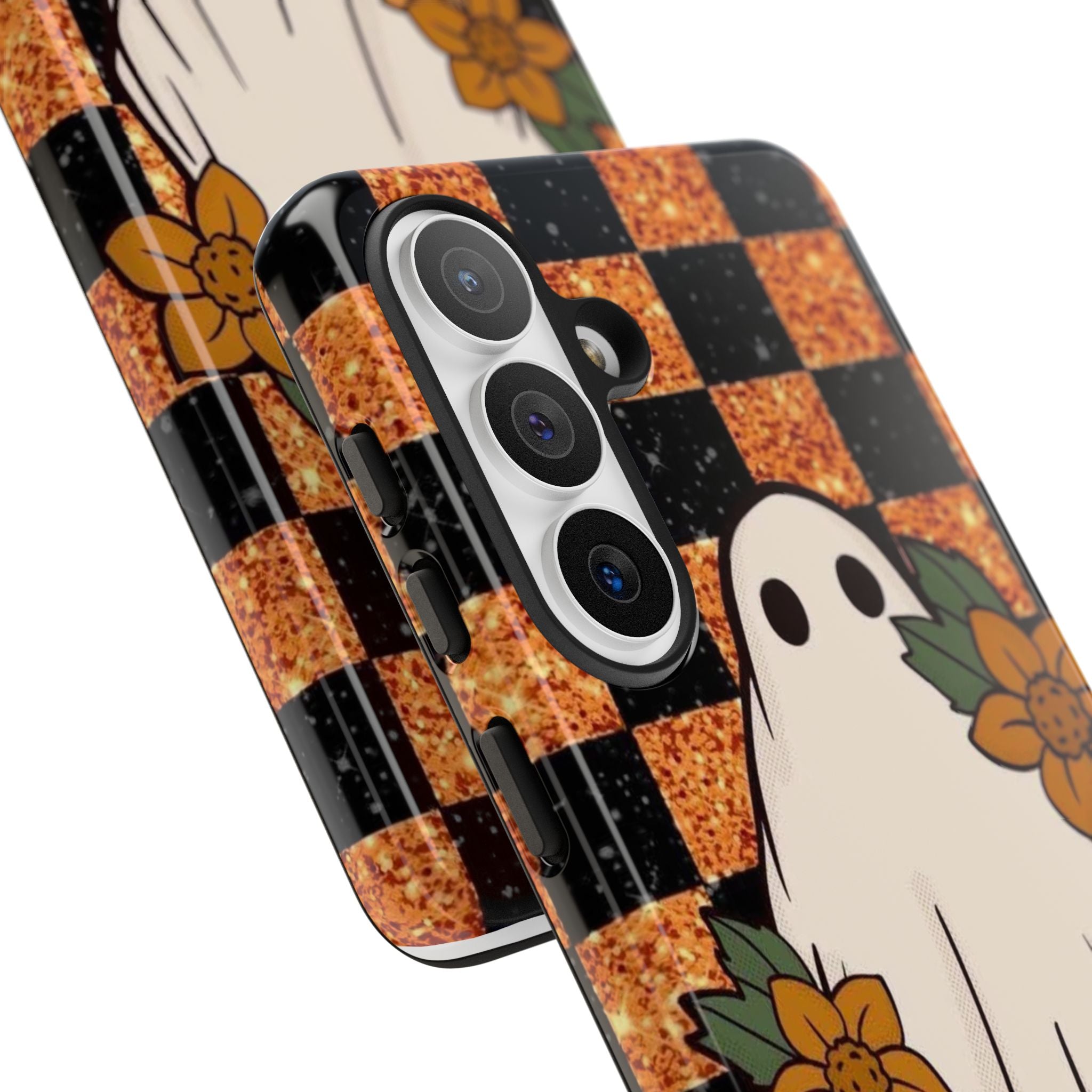 Halloween Ghost Phone Case — Checkerboard Orange Glitter Floral Design