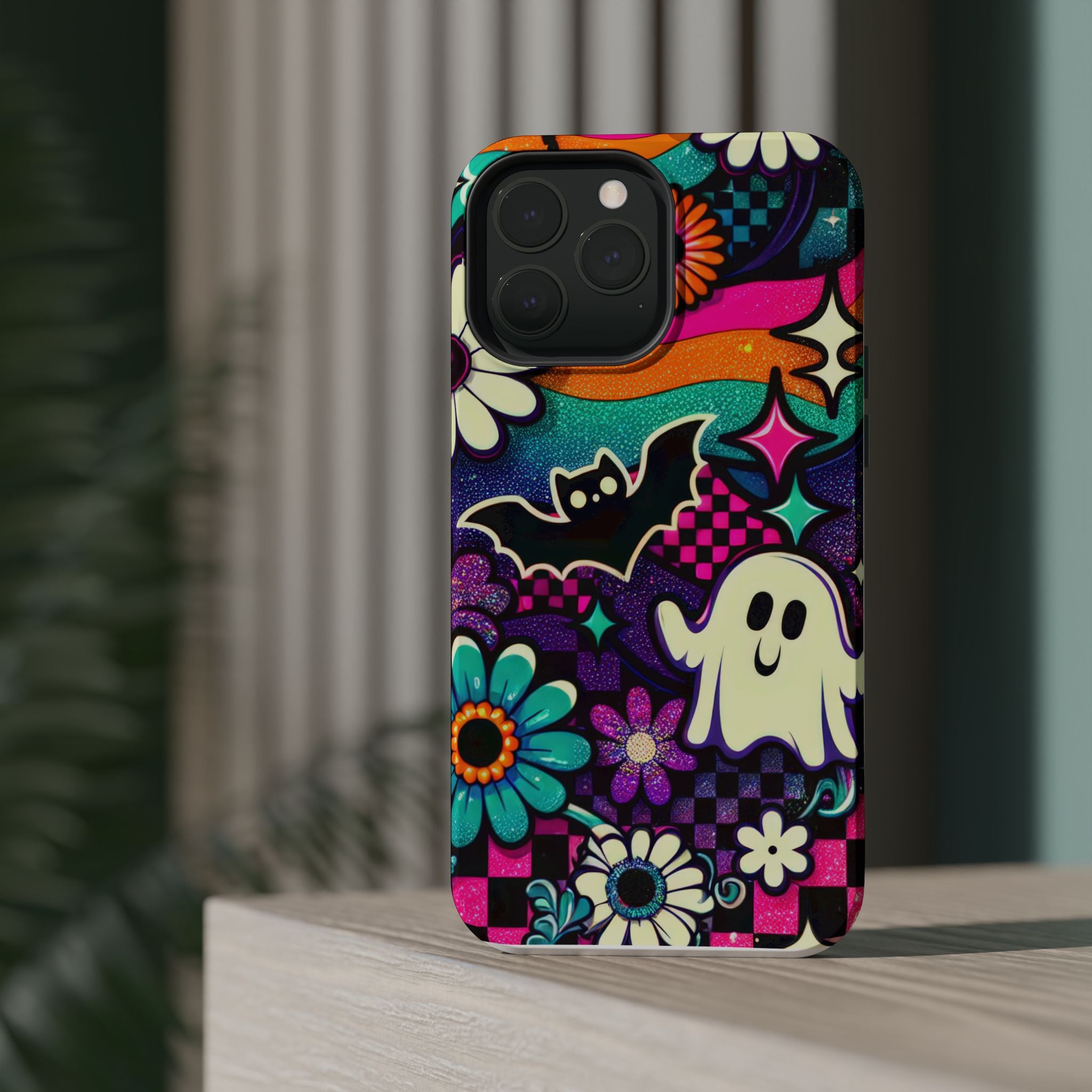 Halloween Retro Ghost & Bat Phone Case — Magnetic Impact-Resistant