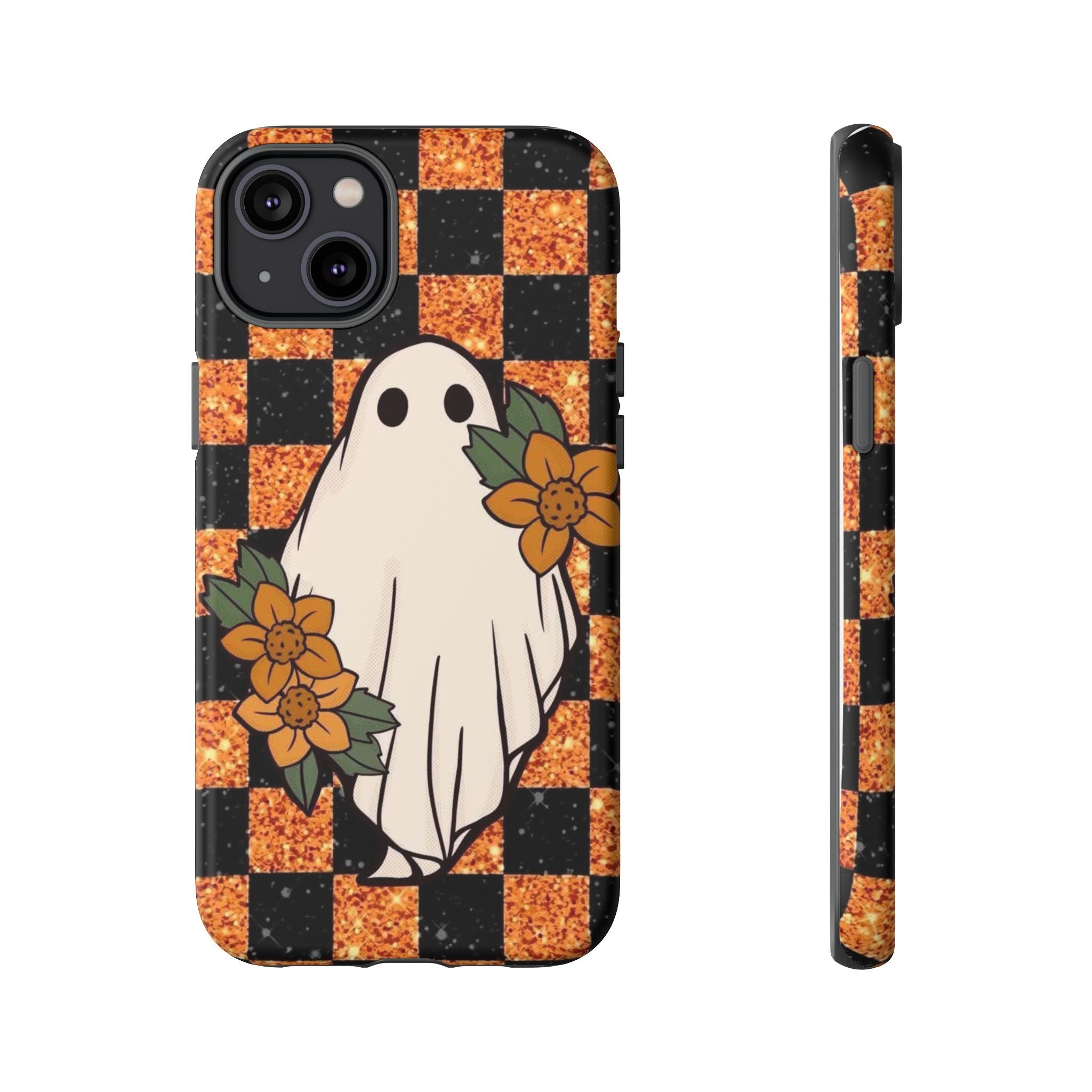Halloween Ghost Phone Case — Checkerboard Orange Glitter Floral Design