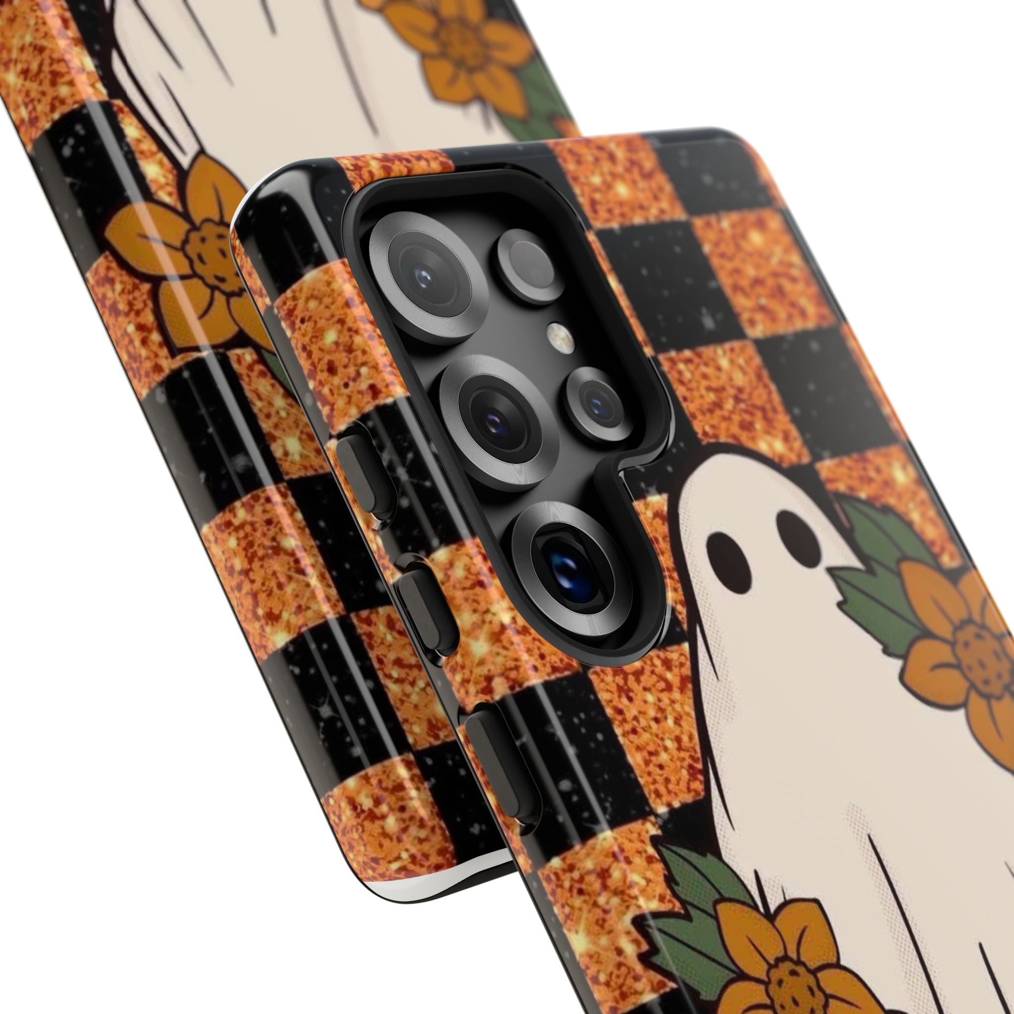 Halloween Ghost Phone Case — Checkerboard Orange Glitter Floral Design