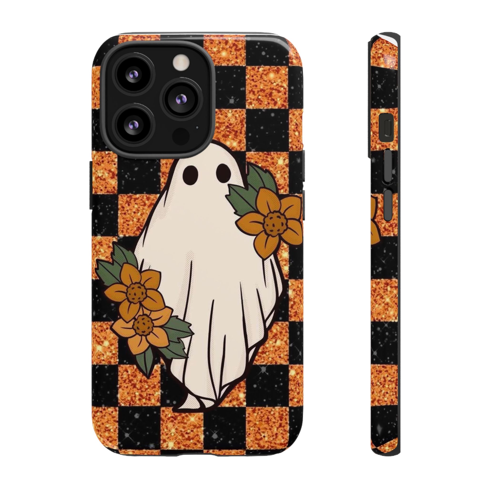 Halloween Ghost Phone Case — Checkerboard Orange Glitter Floral Design