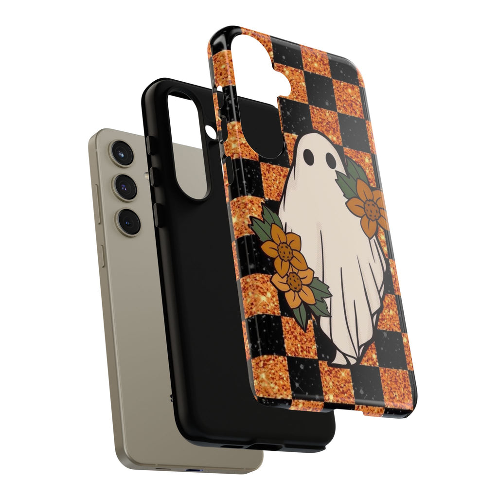 Halloween Ghost Phone Case — Checkerboard Orange Glitter Floral Design