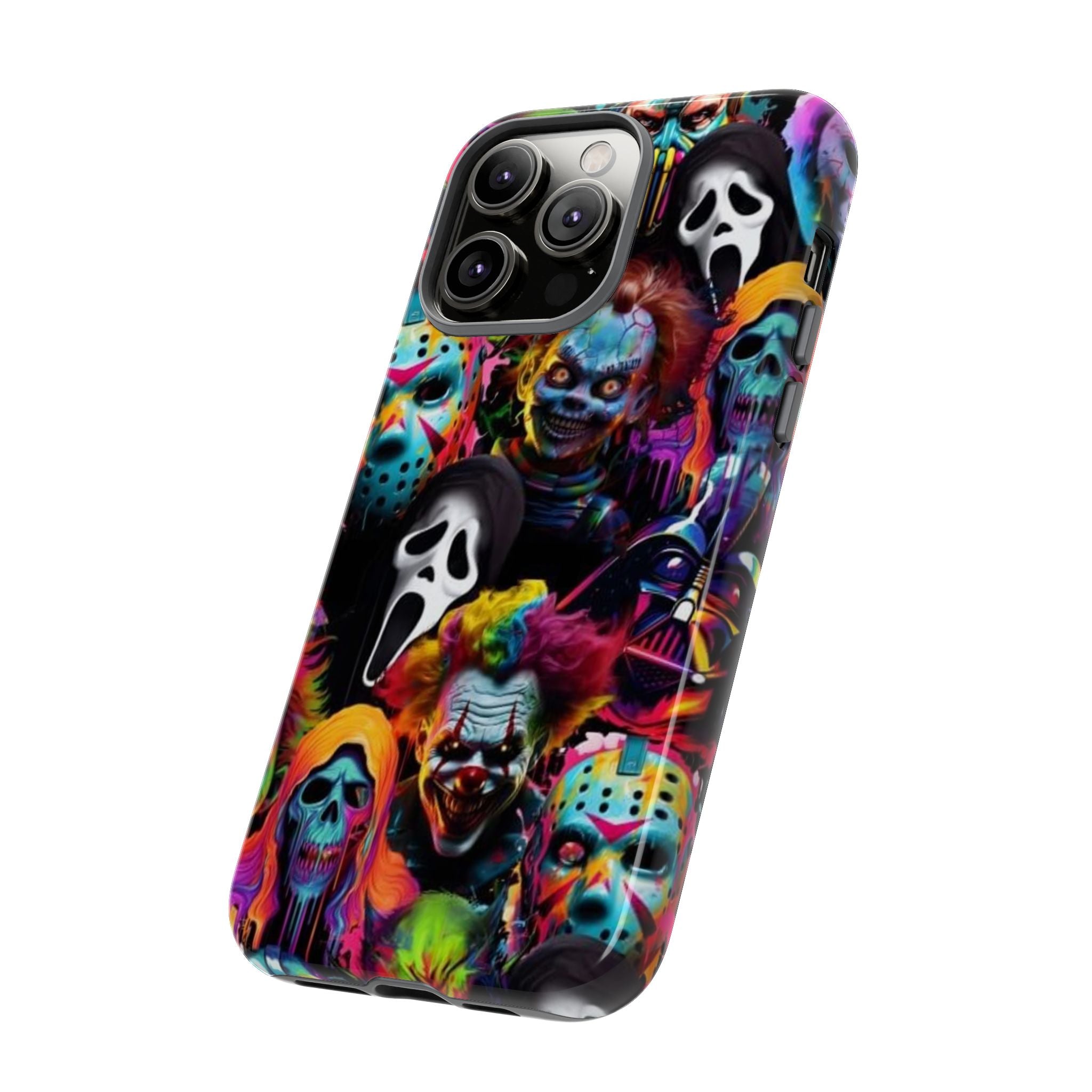 Phone Case — Neon Horror Mask Collage (Scream, Jason, Clown)