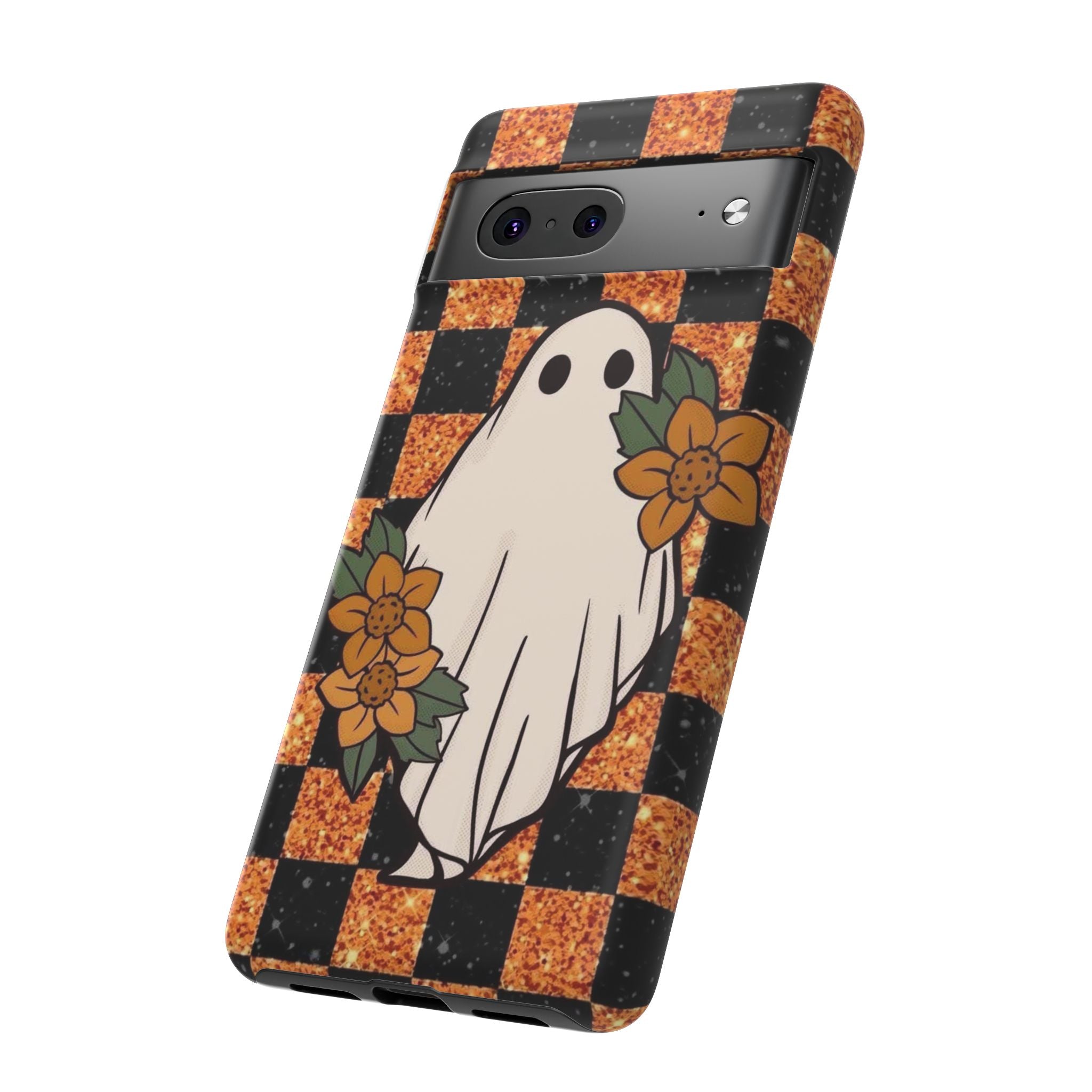 Halloween Ghost Phone Case — Checkerboard Orange Glitter Floral Design