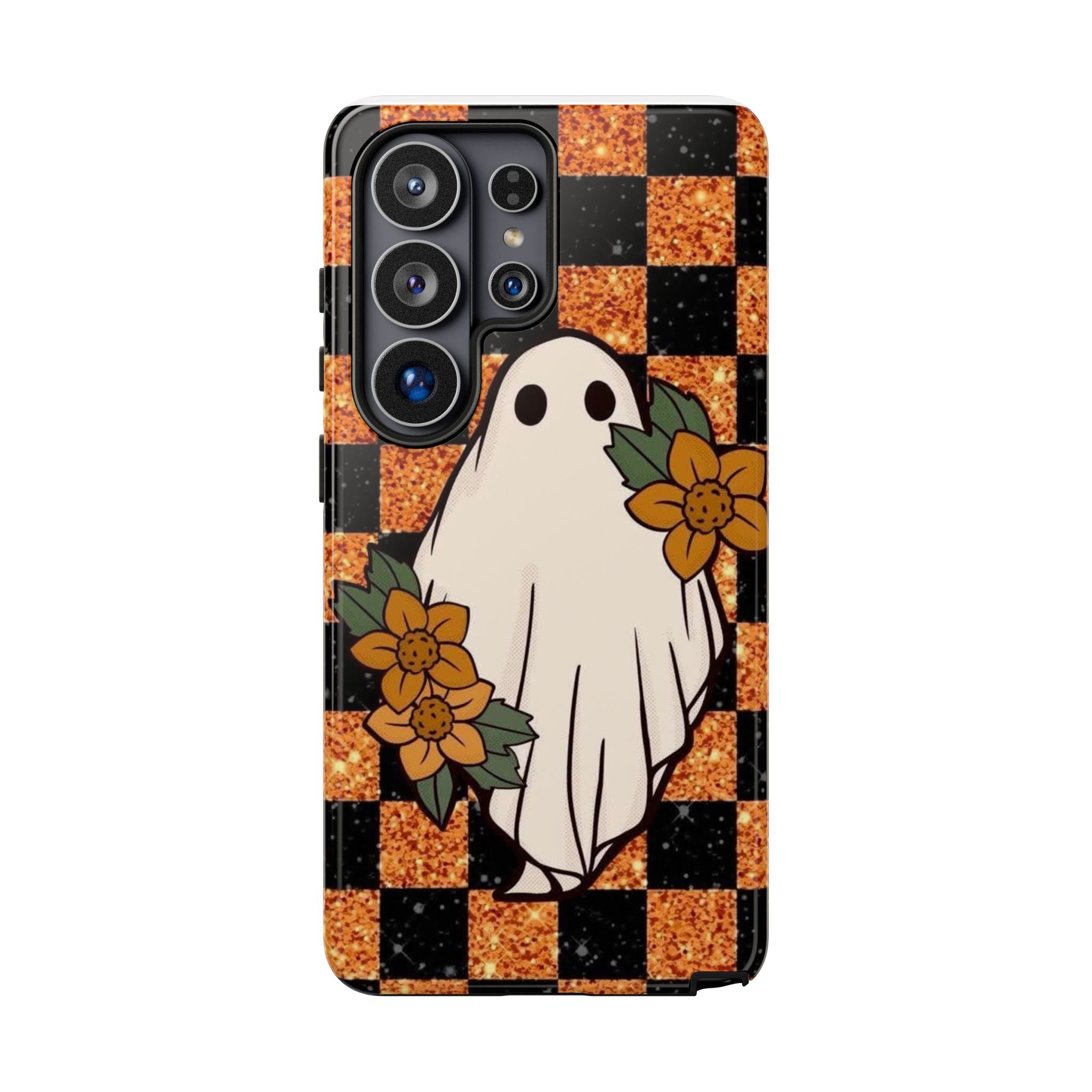 Halloween Ghost Phone Case — Checkerboard Orange Glitter Floral Design