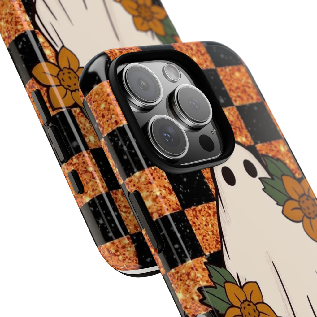 Halloween Ghost Phone Case — Checkerboard Orange Glitter Floral Design